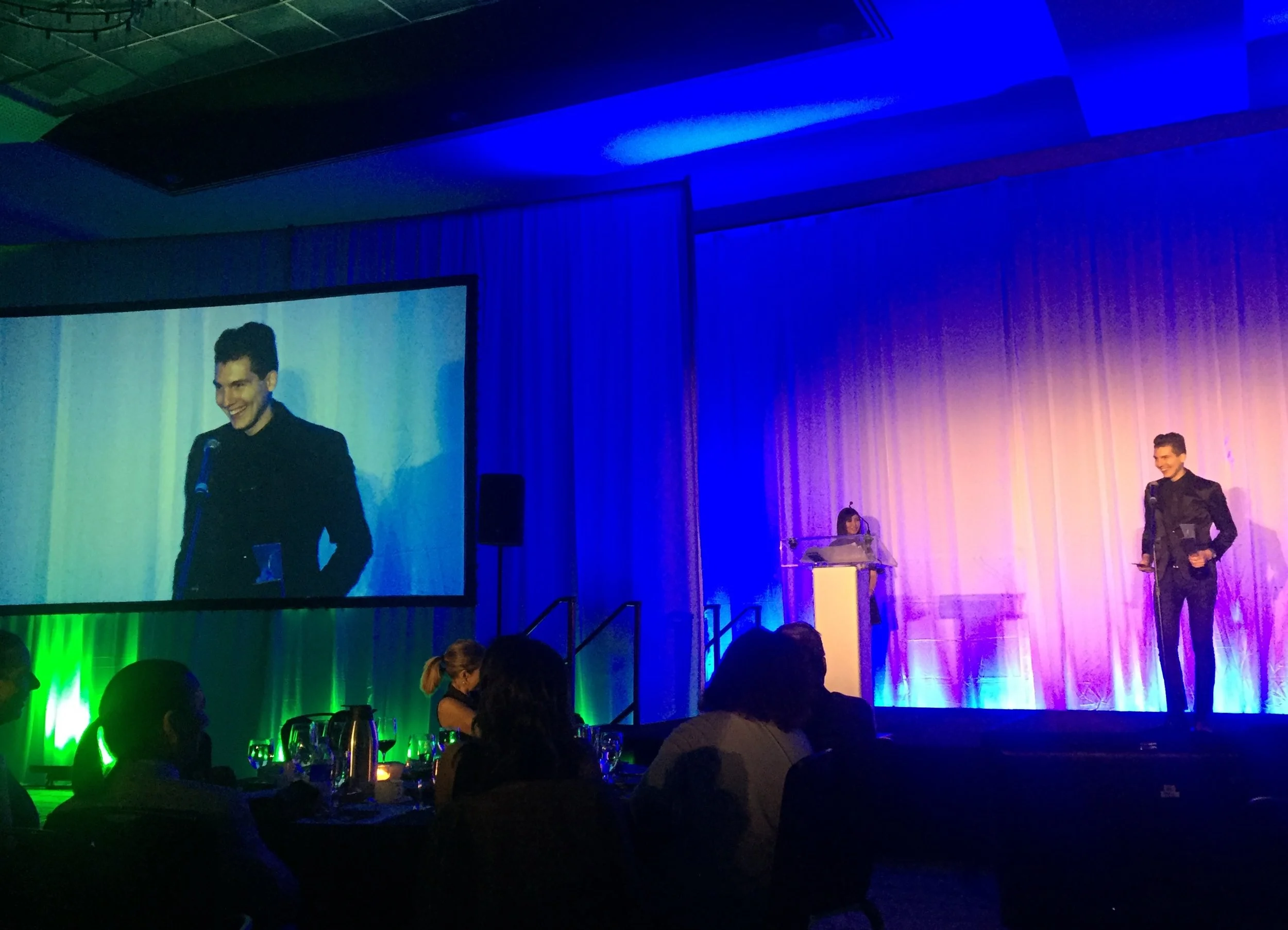 Eli Bennett accepts his Leo Award for Best Musical Score in a Feature-Length Documentary for Believe: The True Story of Real Bearded Santas .