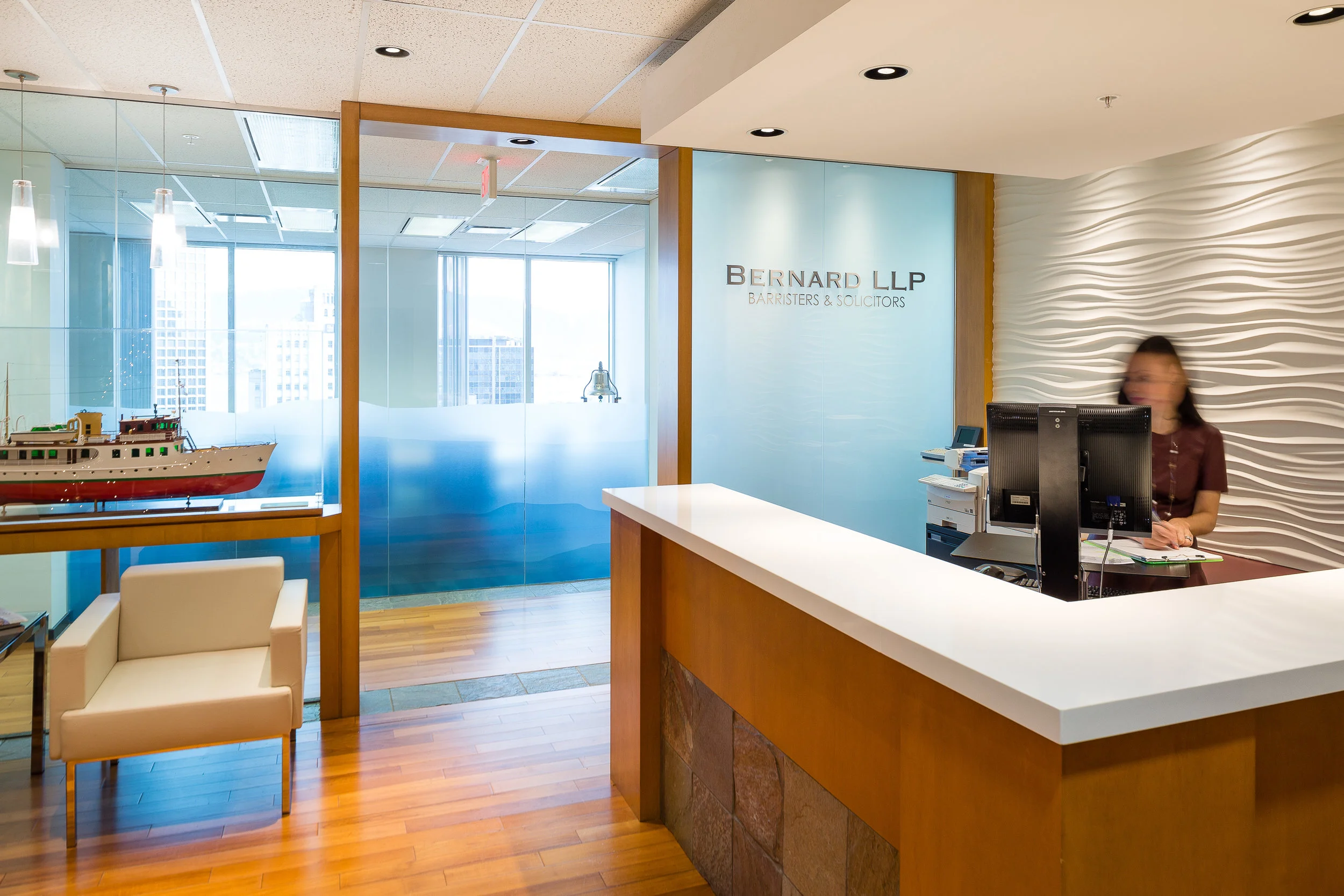 Reception area and receptionist at a law office in Vancouver, BC