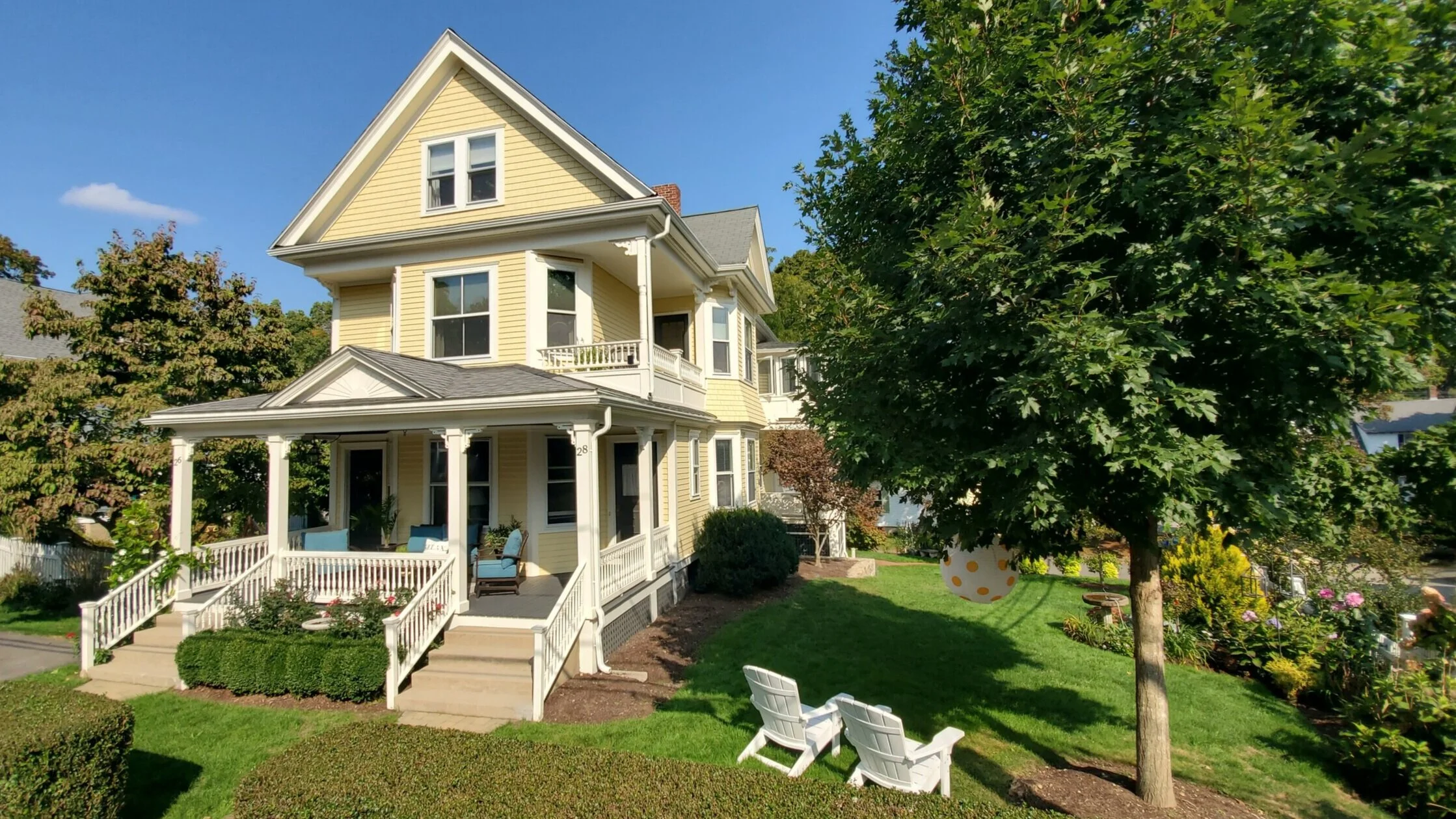  Full exterior restoration of mid-1800s Victorian.  Preserved historic details and added some new details, such as sunburst above front porch.  Second-story three-season porch was also reconstructed.   