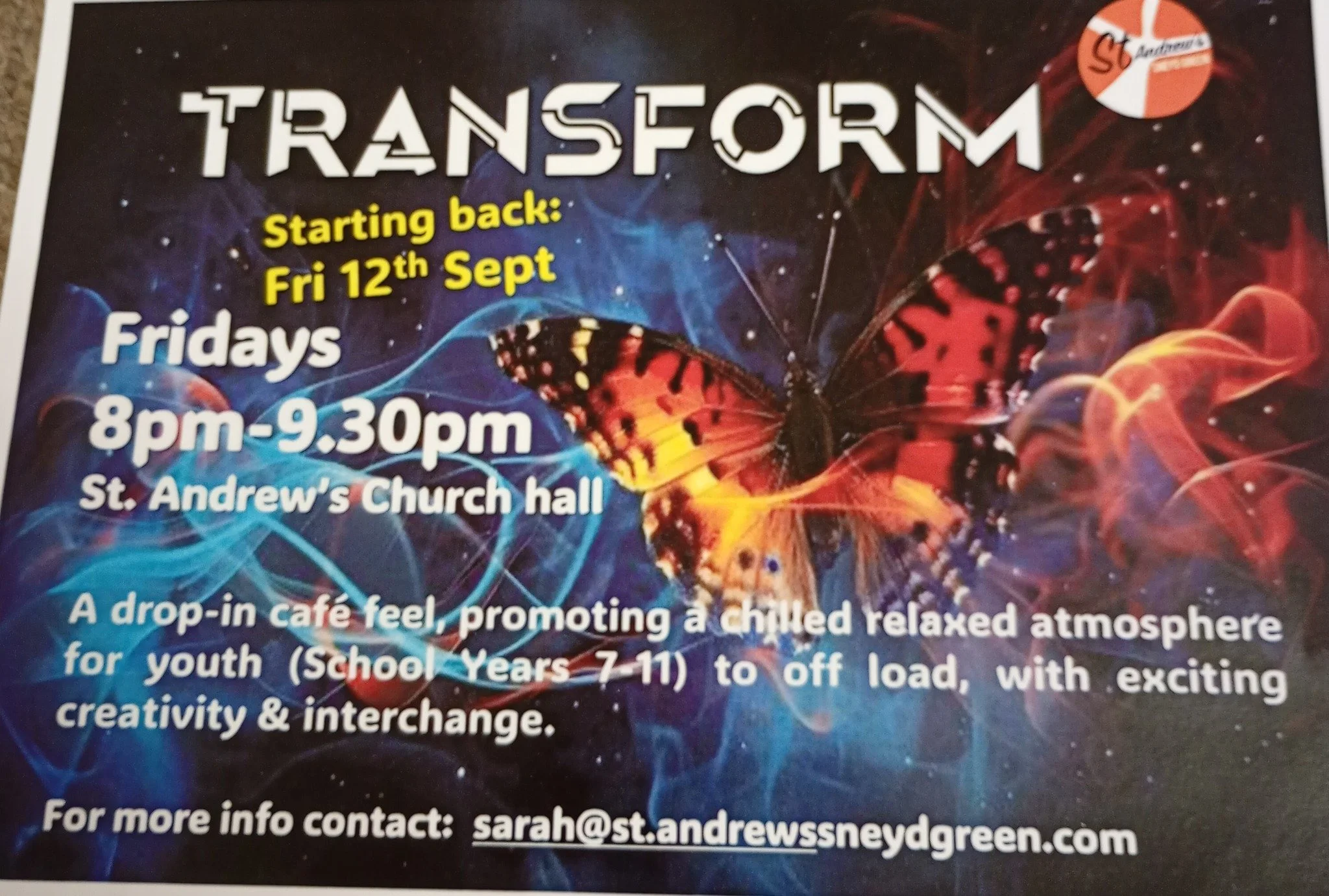 Youth caf&eacute; for secondary school age pupils. Fridays during term time, 8pm-9.30pm.
Hot drinks, tuck shop, crafts, table-top games, quizzes. All welcome.