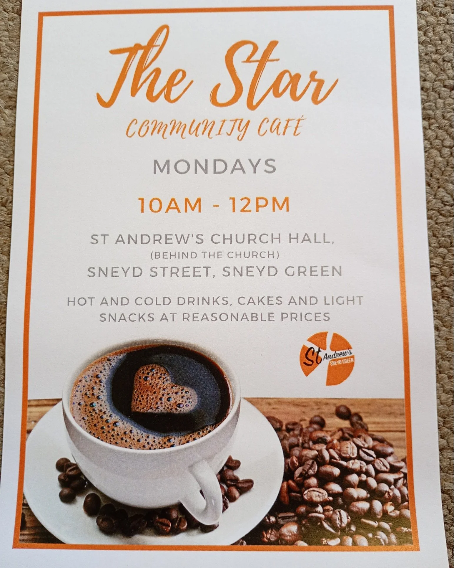 Community cafe at St Andrew's church hall. All welcome.