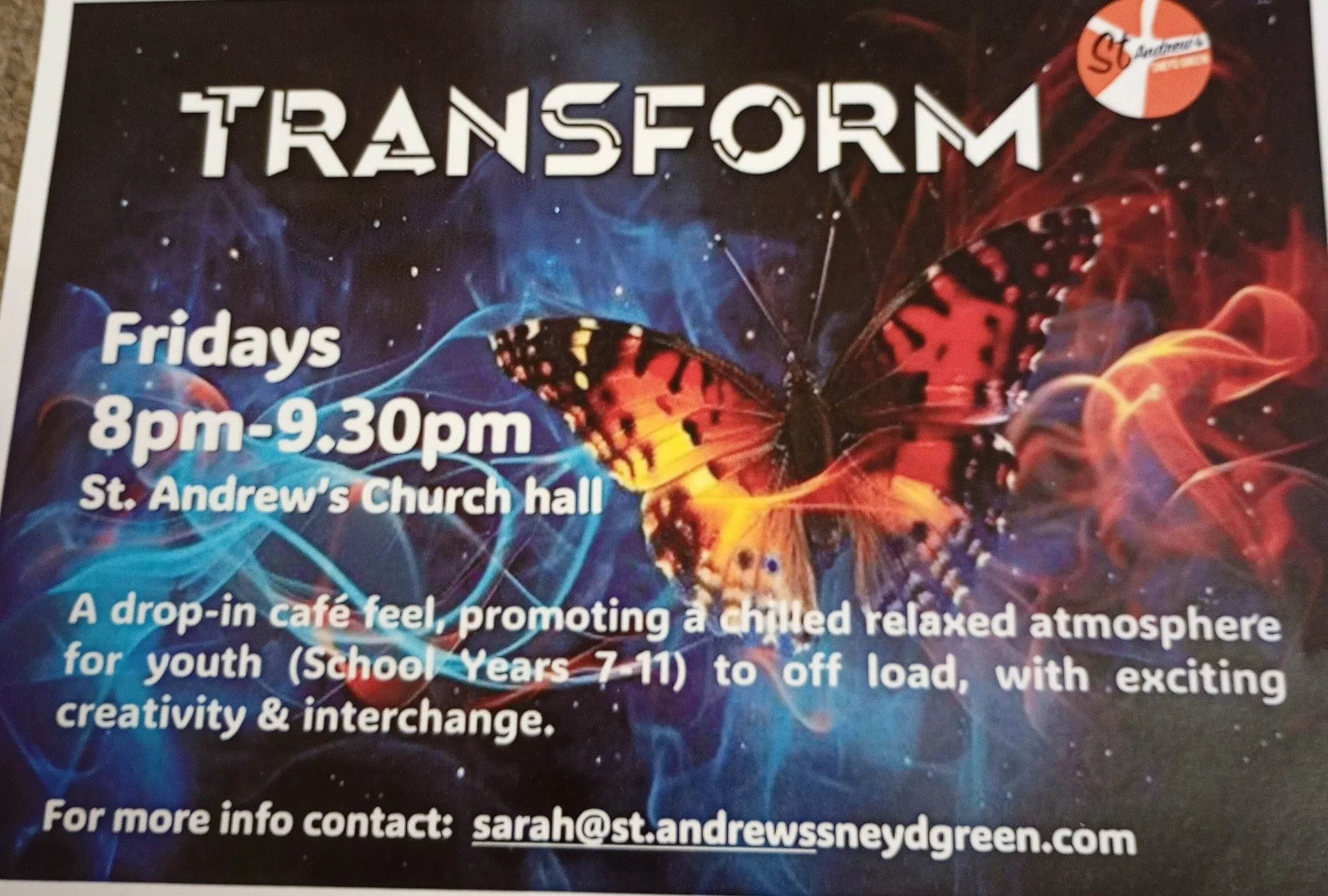 Youth cafe for secondary school aged young people. Fridays during term-time, 8pm-9.30pm. Crafts, table-top games, quizzes, hot drinks, tuck shop. All welcome.