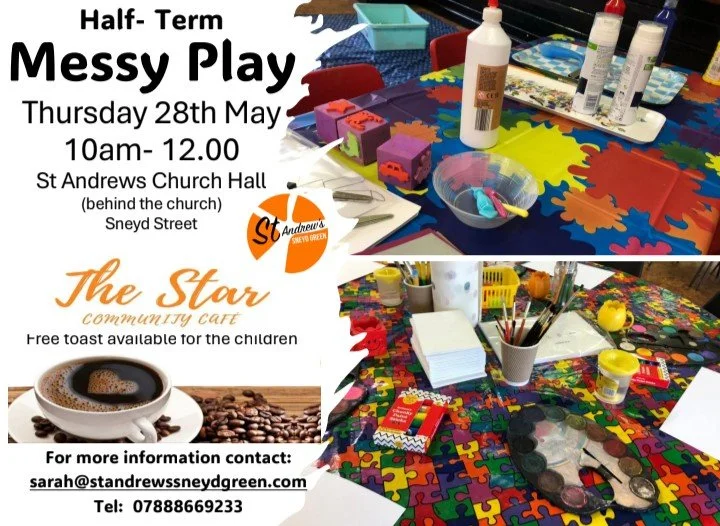 Messy Play session during May half term. Free entry and 1 free slice of toast for all children. Aimed at pre-school and primary school aged children but all are welcome.
