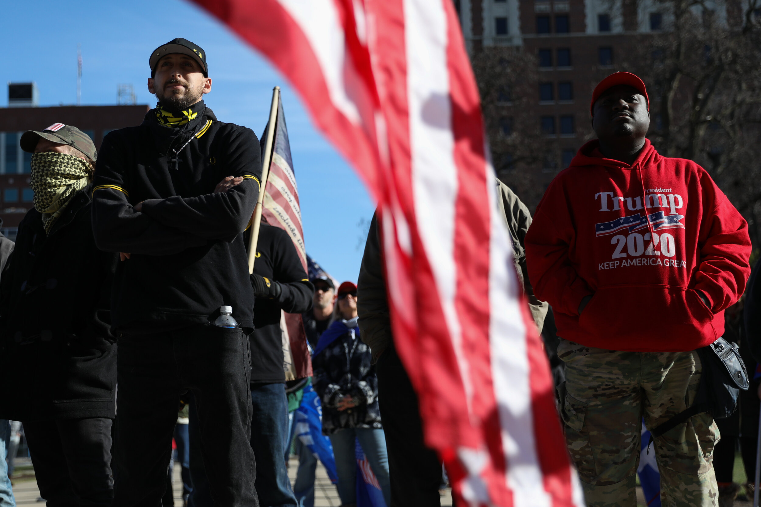  Demonstrators take part in a protest against the 2020 U.S. presidential election results on Saturday in Lansing. (Emily Elconin for Reuters) 