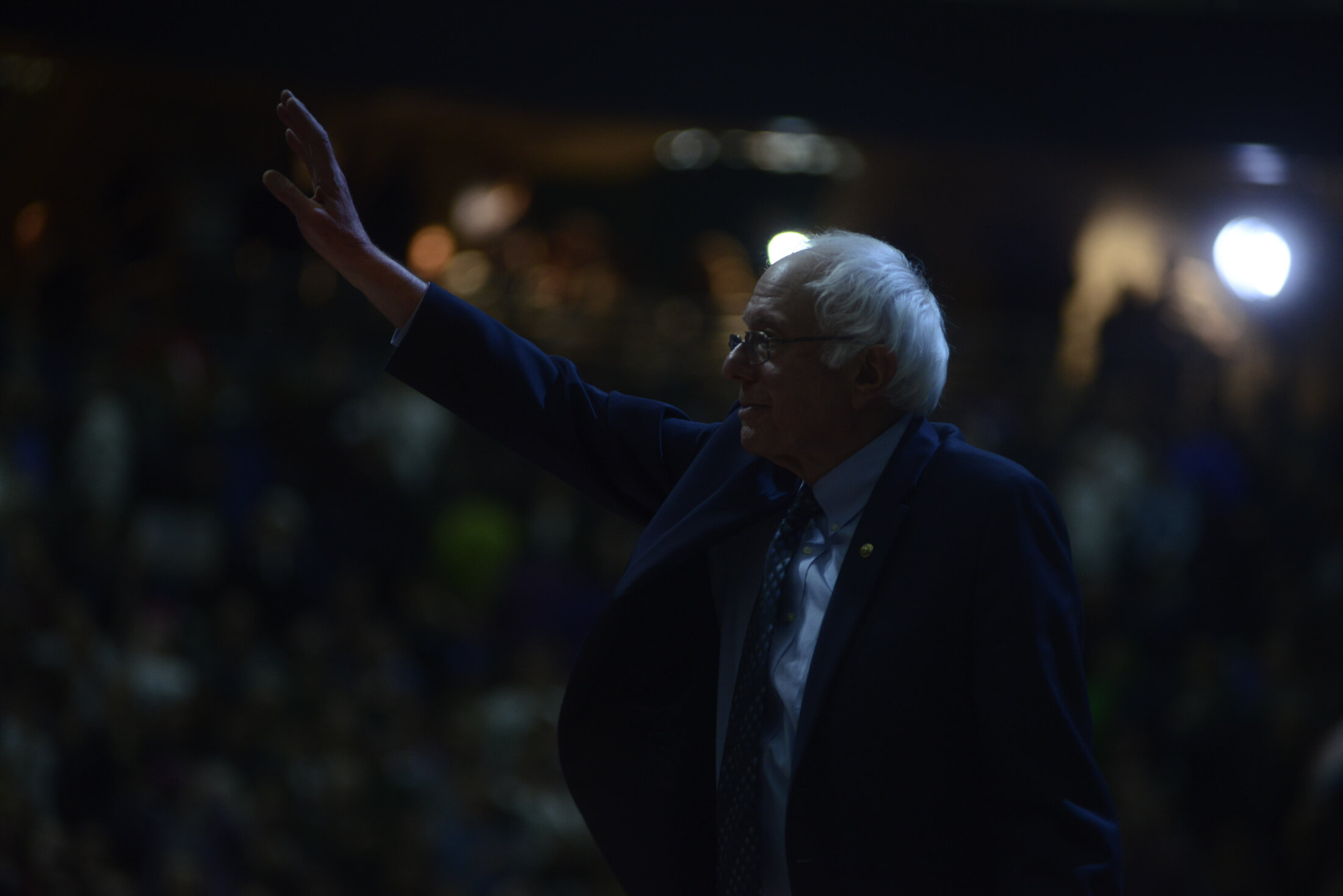  Bernie Sanders waves to the crowd during a presidential campaign visit to Michigan State University on March 2, 2016 in East Lansing, Michigan. 