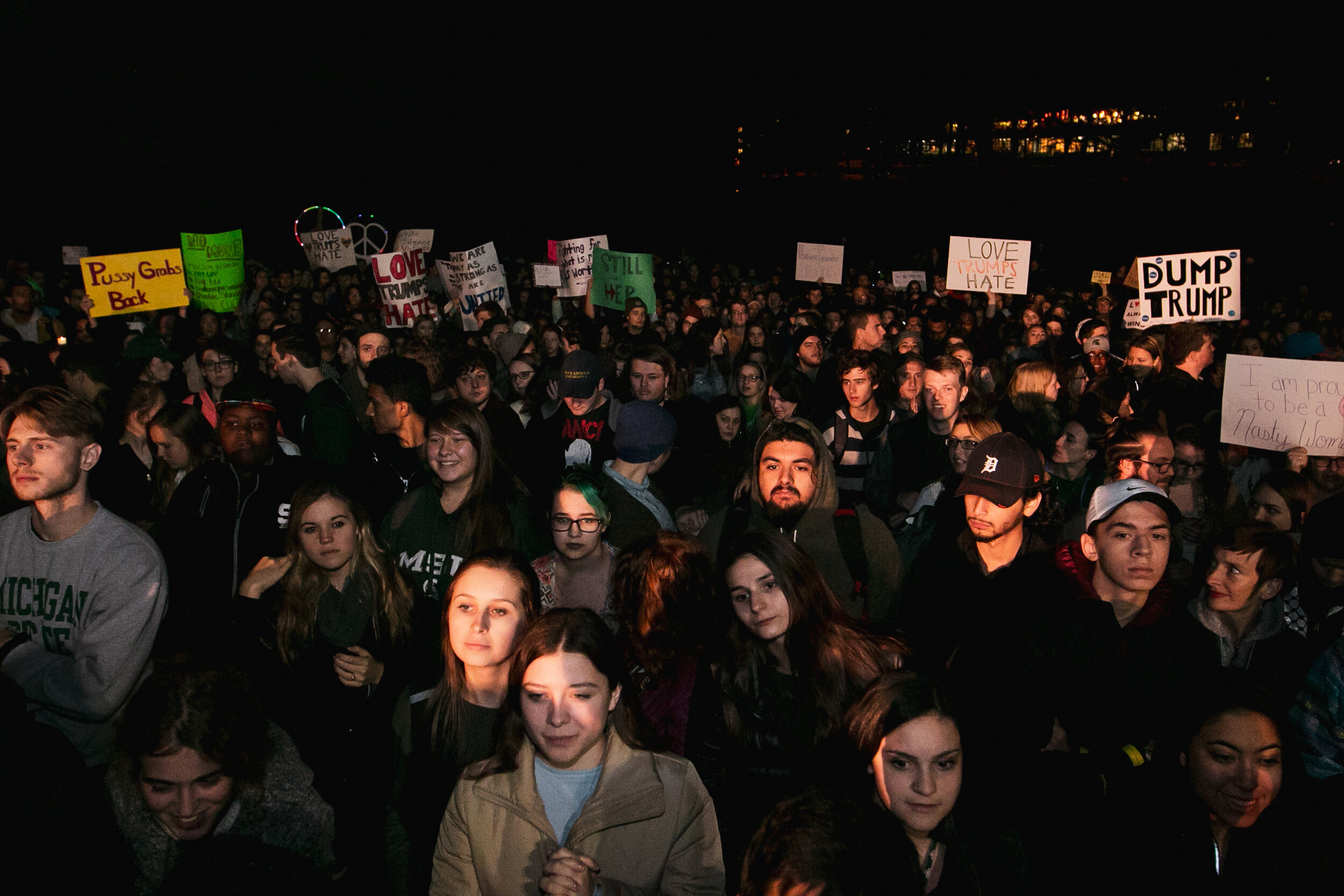  Students, faculty, and local community members gather to protest the results of the 2016 presidential election at Michigan State University on Nov. 10, 2016 in East Lansing, Michigan.&nbsp; 