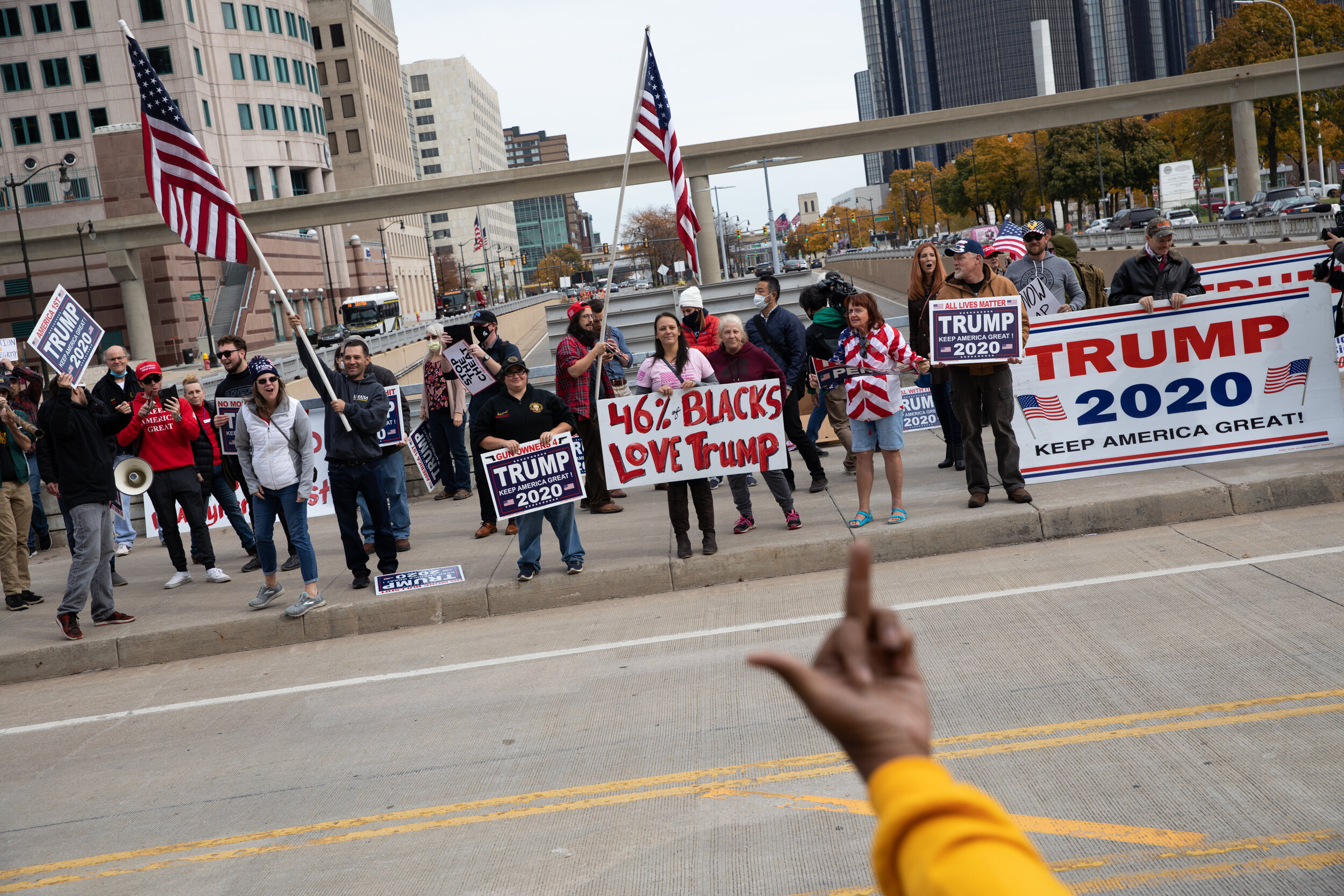  Trump supporters protesting ballot counts were met by counter protestors outside the TCF Center a day after the 2020 presidential election on Nov. 5, 2020 in Detroit, Michigan. (For Bloomberg) 