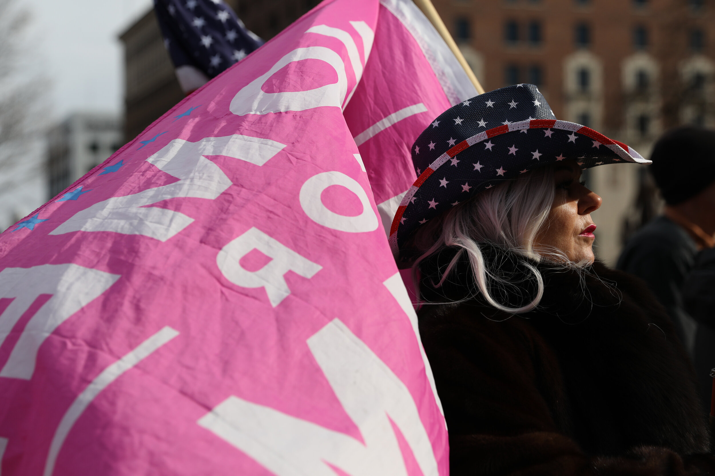  A supporter of U.S. President Donald Trump wears a hat with the colors of the U.S. flag during a "Stop the Steal" protest after the 2020 U.S. presidential election was called for Democratic candidate Joe Biden, in Lansing, Michigan, U.S. November 14