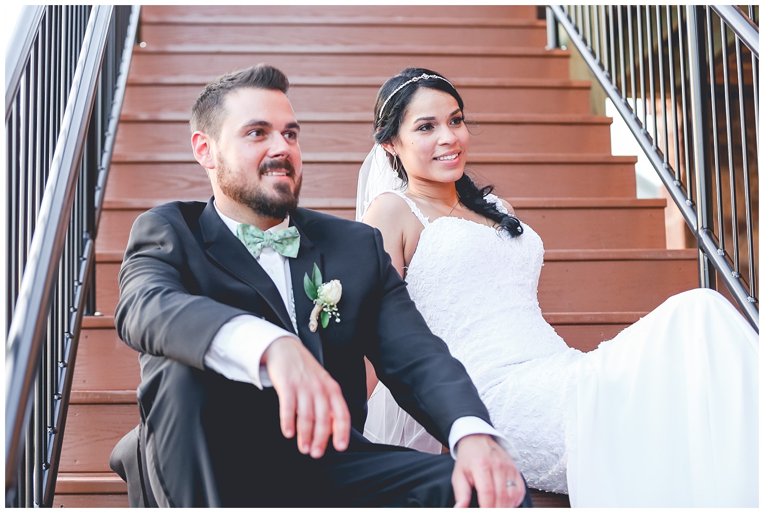 bride and groom portrait on stairs