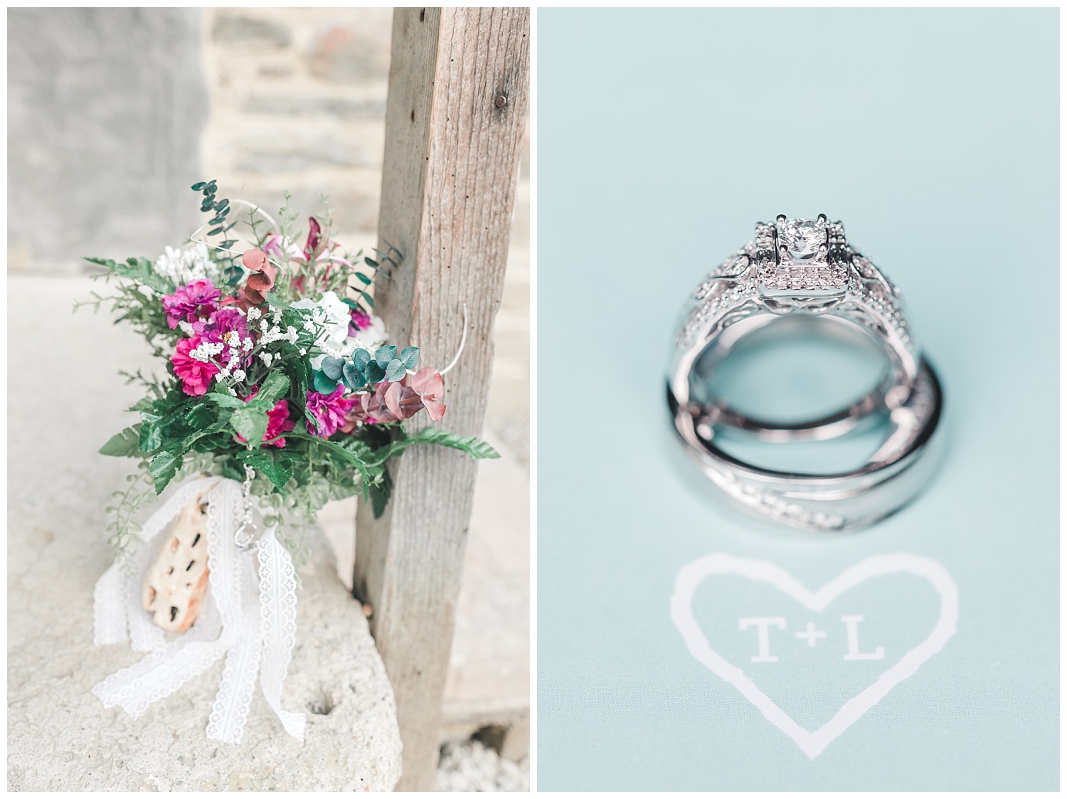 wedding rings and flowers blue pink white