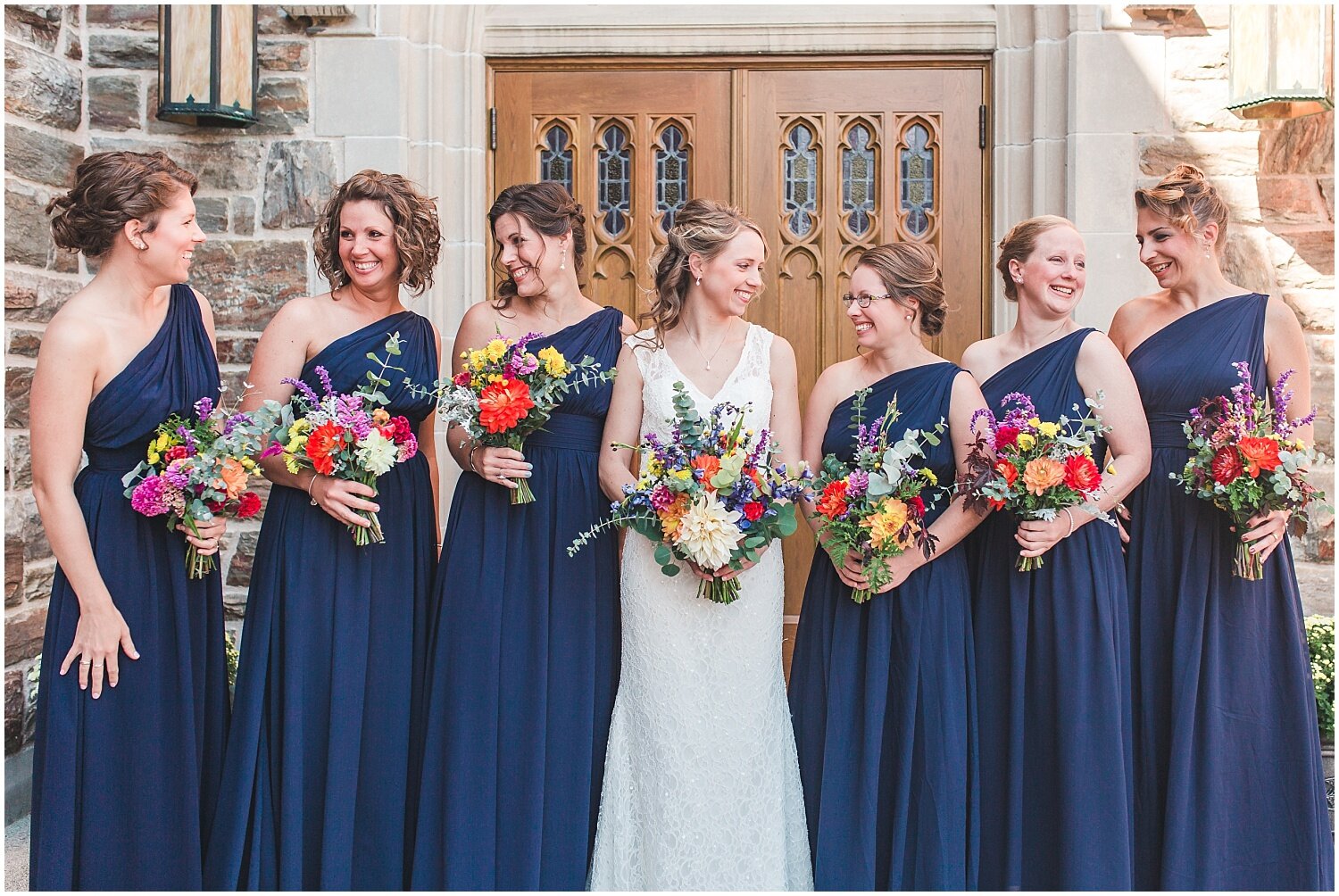 fall wedding, church, bridesmaids and bride, navy blue