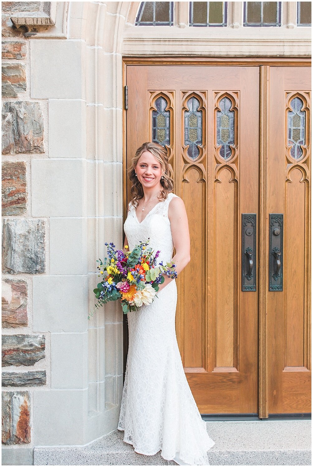 Lancaster PA fall wedding, bride portrait, church, bouquet