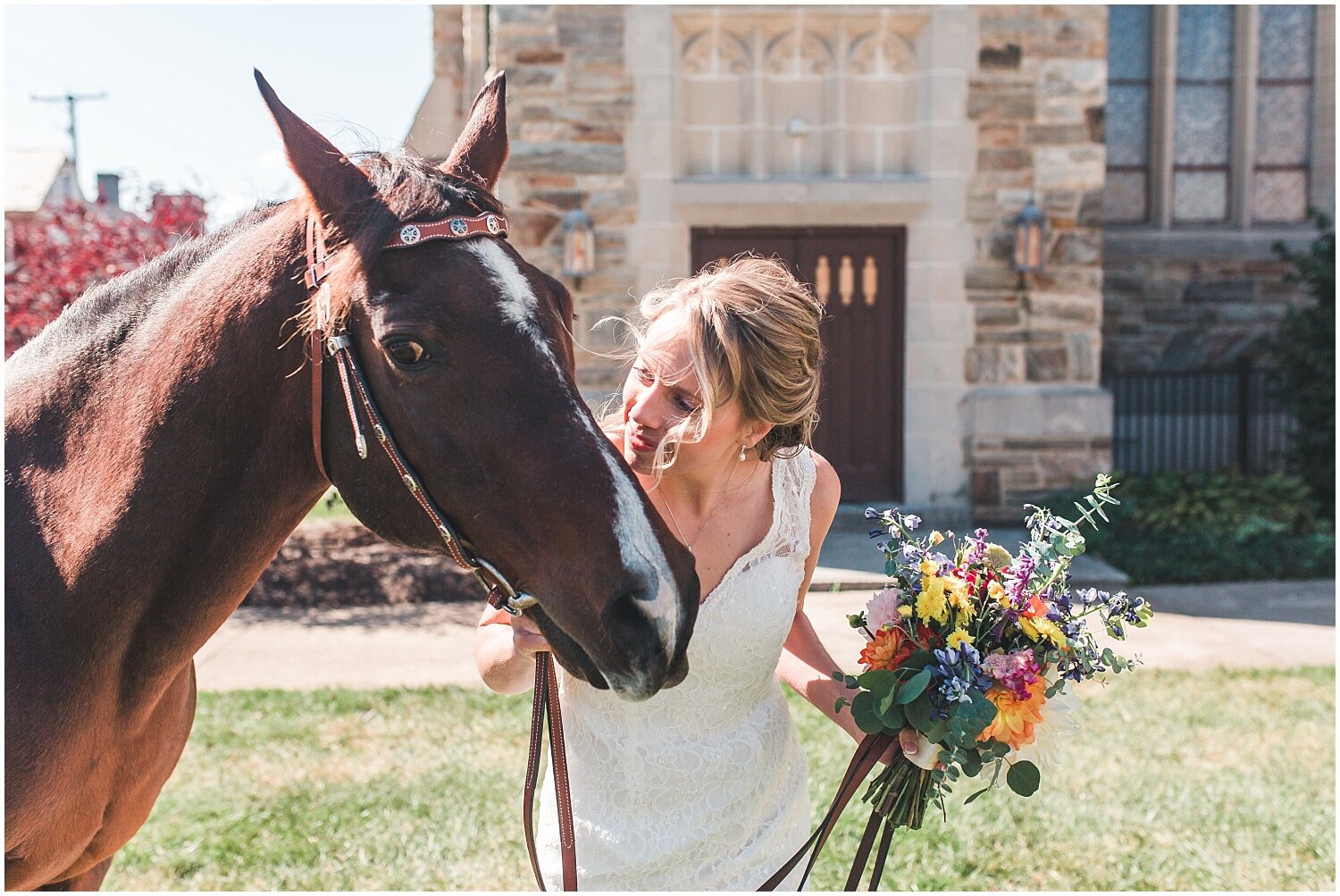 lancaster pa fall wedding, bride and horse, flowers