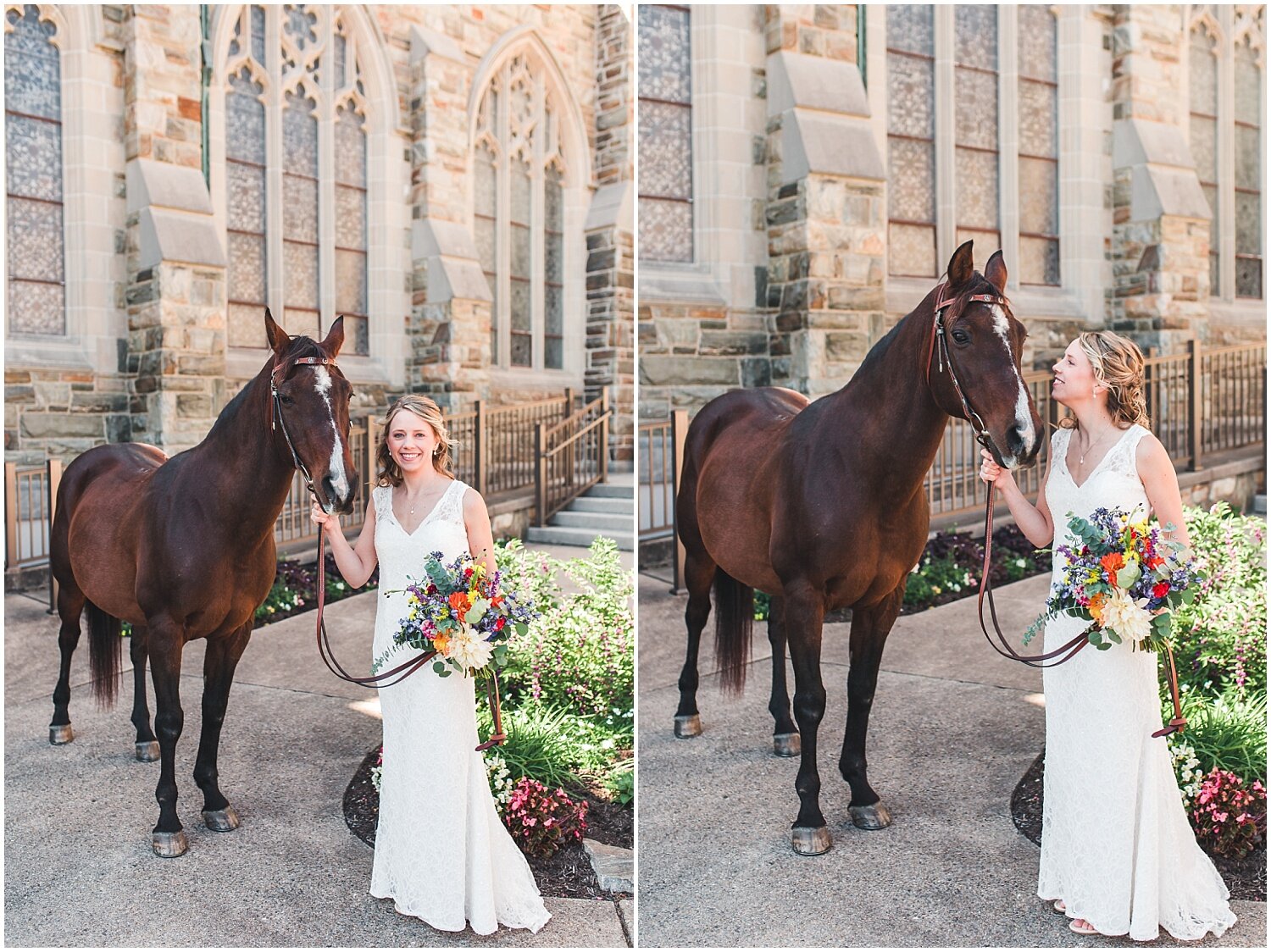 Lancaster PA fall wedding, bride with horse, bouquet