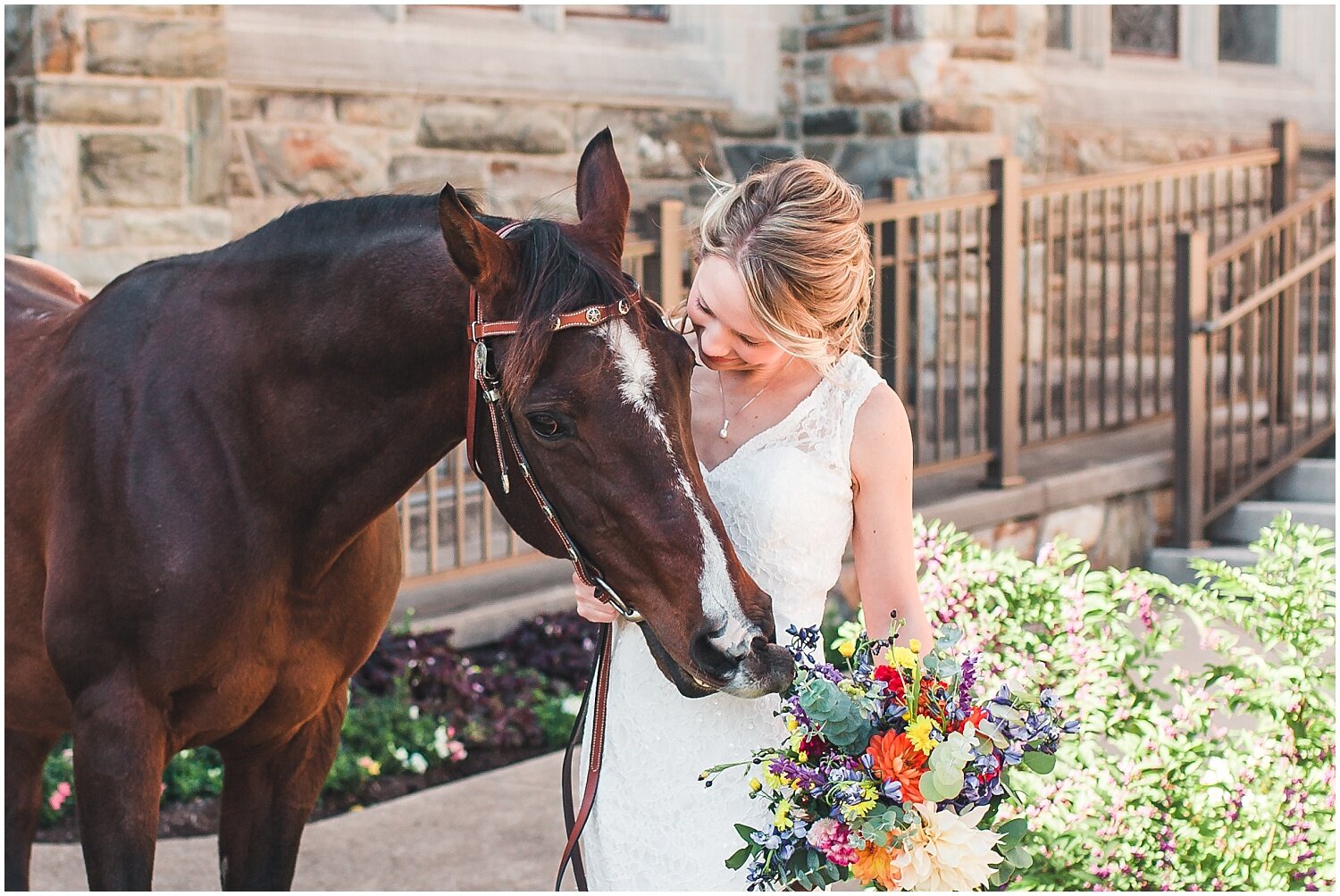 Lancaster PA fall wedding, bride with horse, horse eats flowers