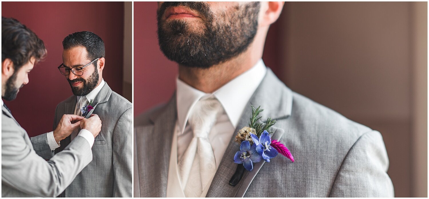 Lancaster PA wedding, groom getting ready, gray suit