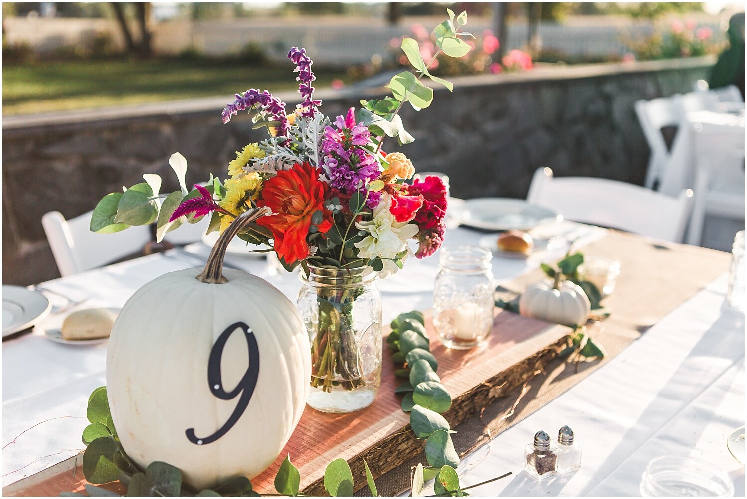 Lancaster PA fall wedding, outdoor reception, white pumpkins, centerpieces, flowers