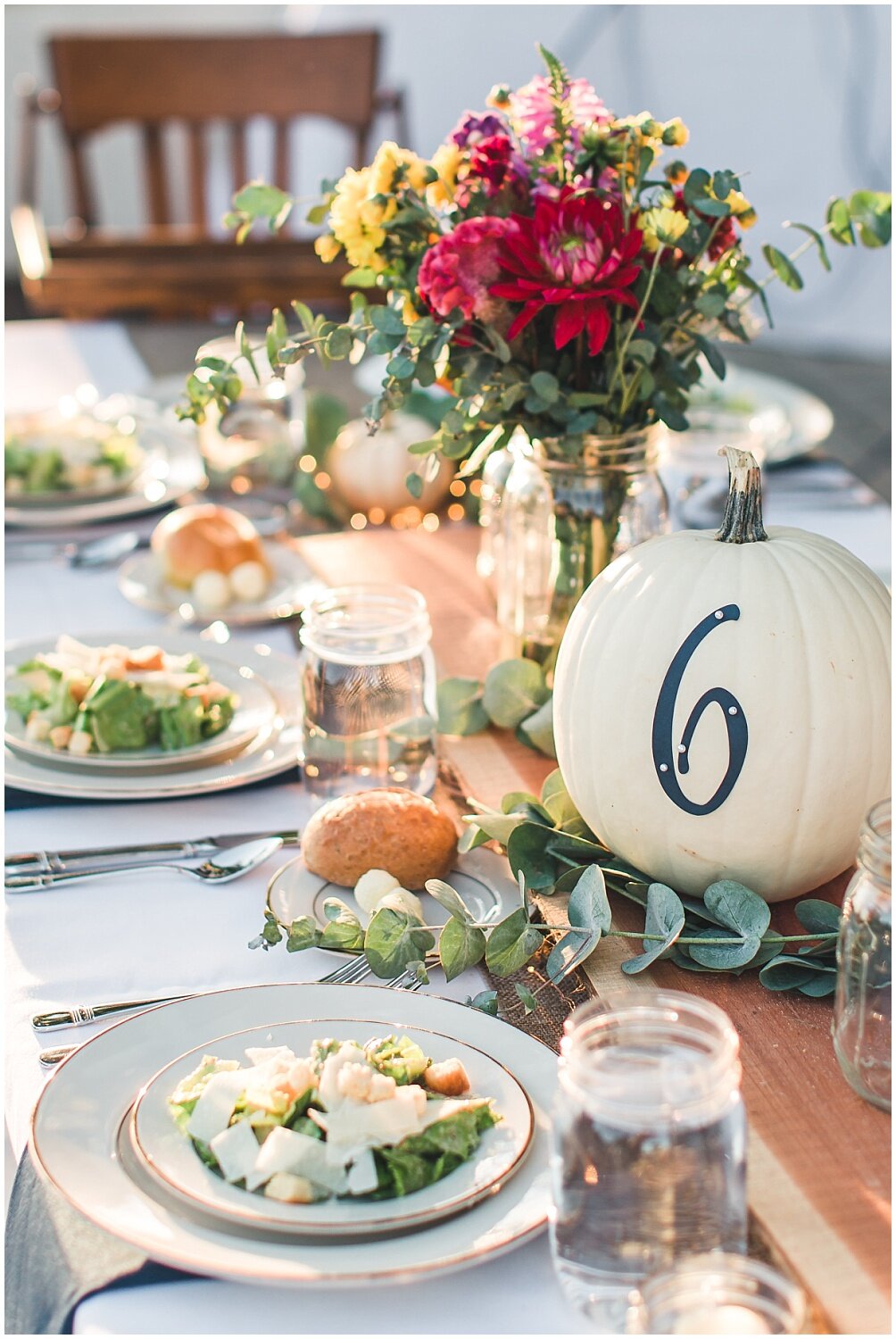 Lancaster PA fall wedding, outdoor reception, reception details and decor, white pumpkins