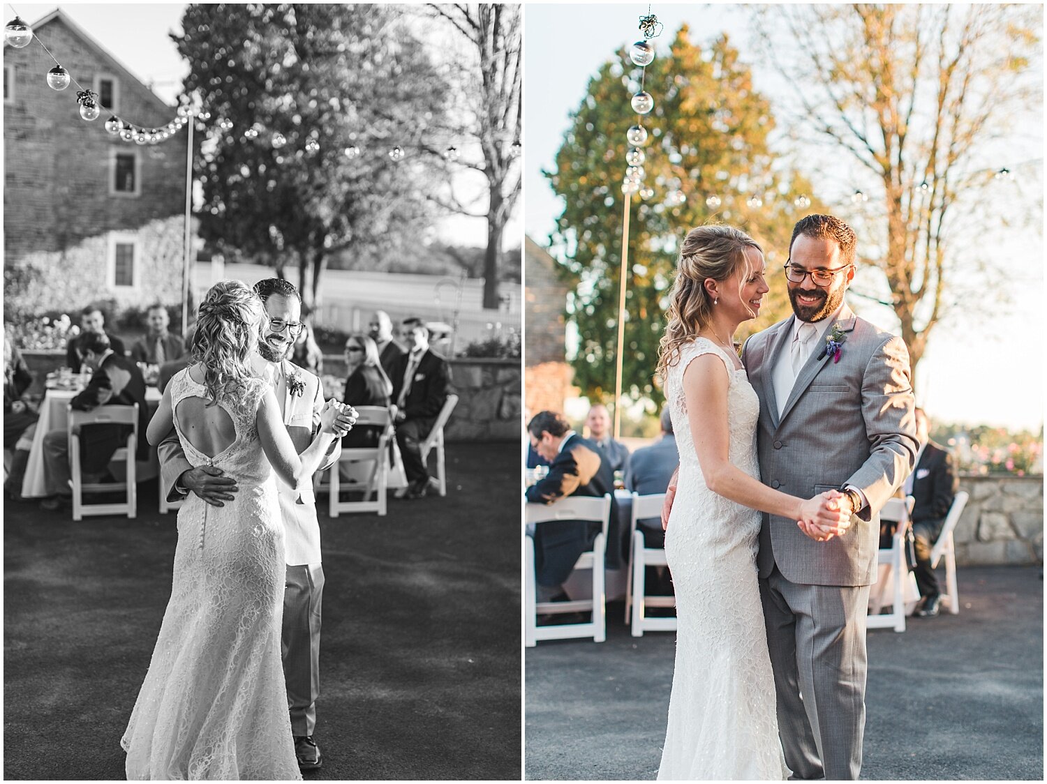 Lancaster PA fall wedding, bride and groom first dance, outdoor reception, string lights