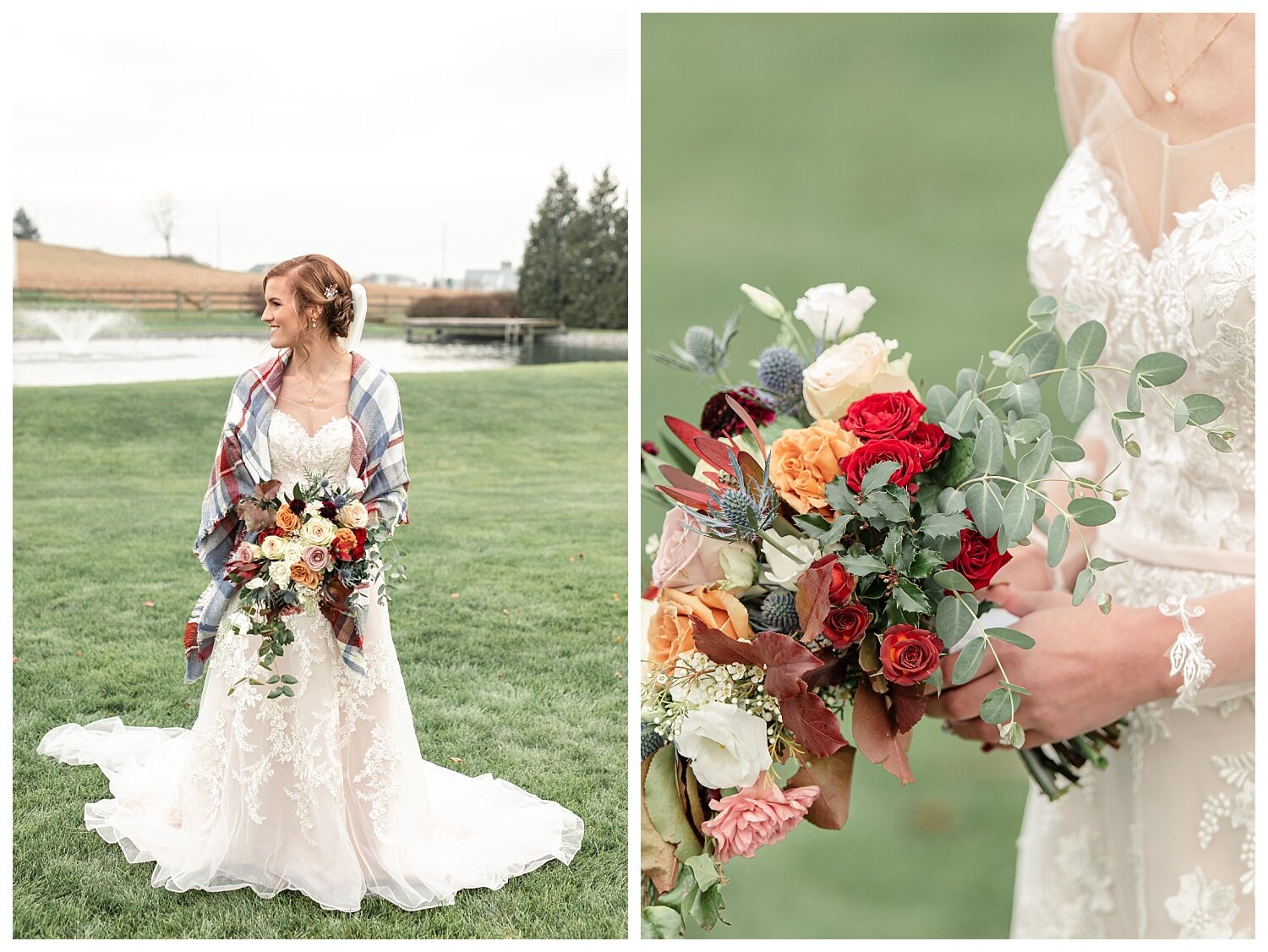 Springside Barn wedding, Lancaster Pennsylvania, bride, flowers, plaid scarf