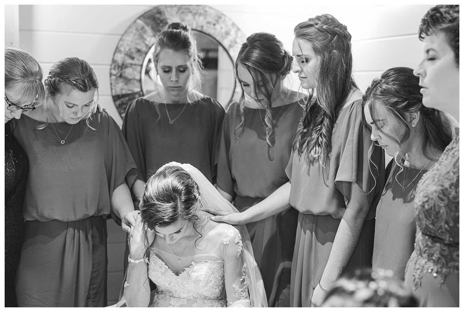 Springside Barn wedding, Lancaster Pennsylvania, bride and bridesmaids prayer