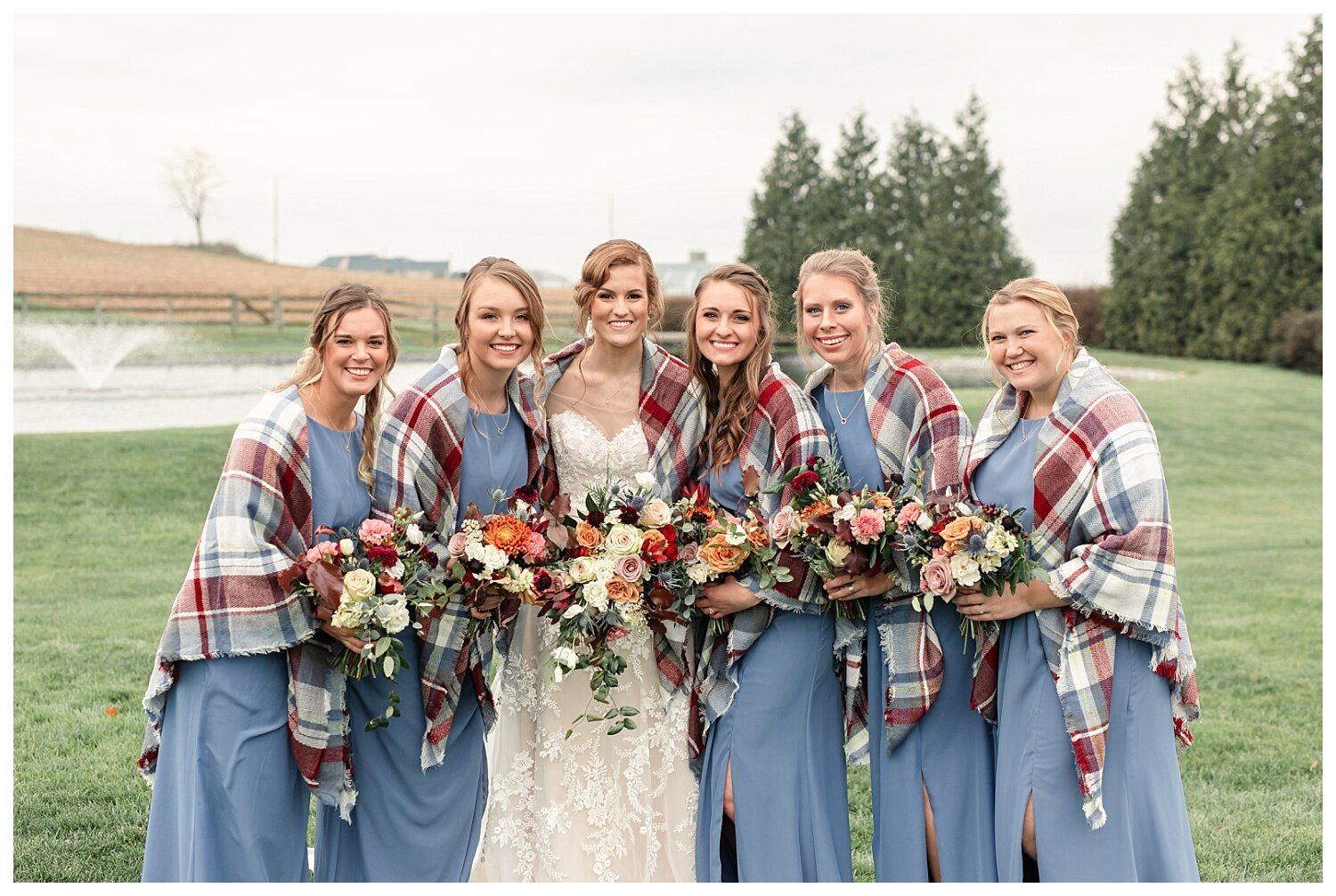 Springside Barn, Lancaster Pennsylvania, bride bridesmaids, slate blue, plaid scarf