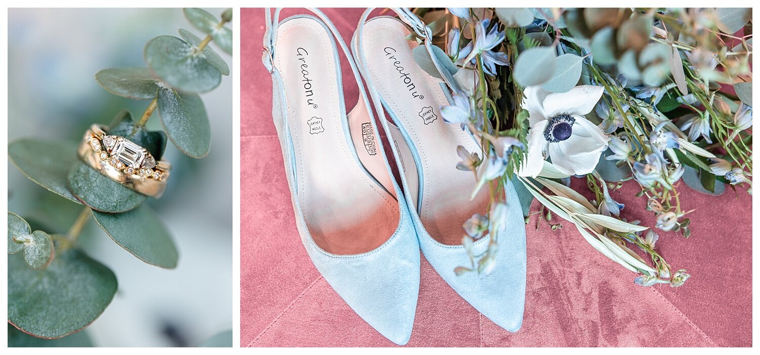 Wedding Bridal Details Shoes Rings Flowers Blue