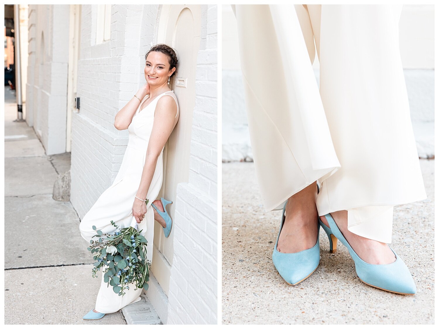 Baltimore Wedding Bridal Portrait Jumpsuit blue shoes flowers