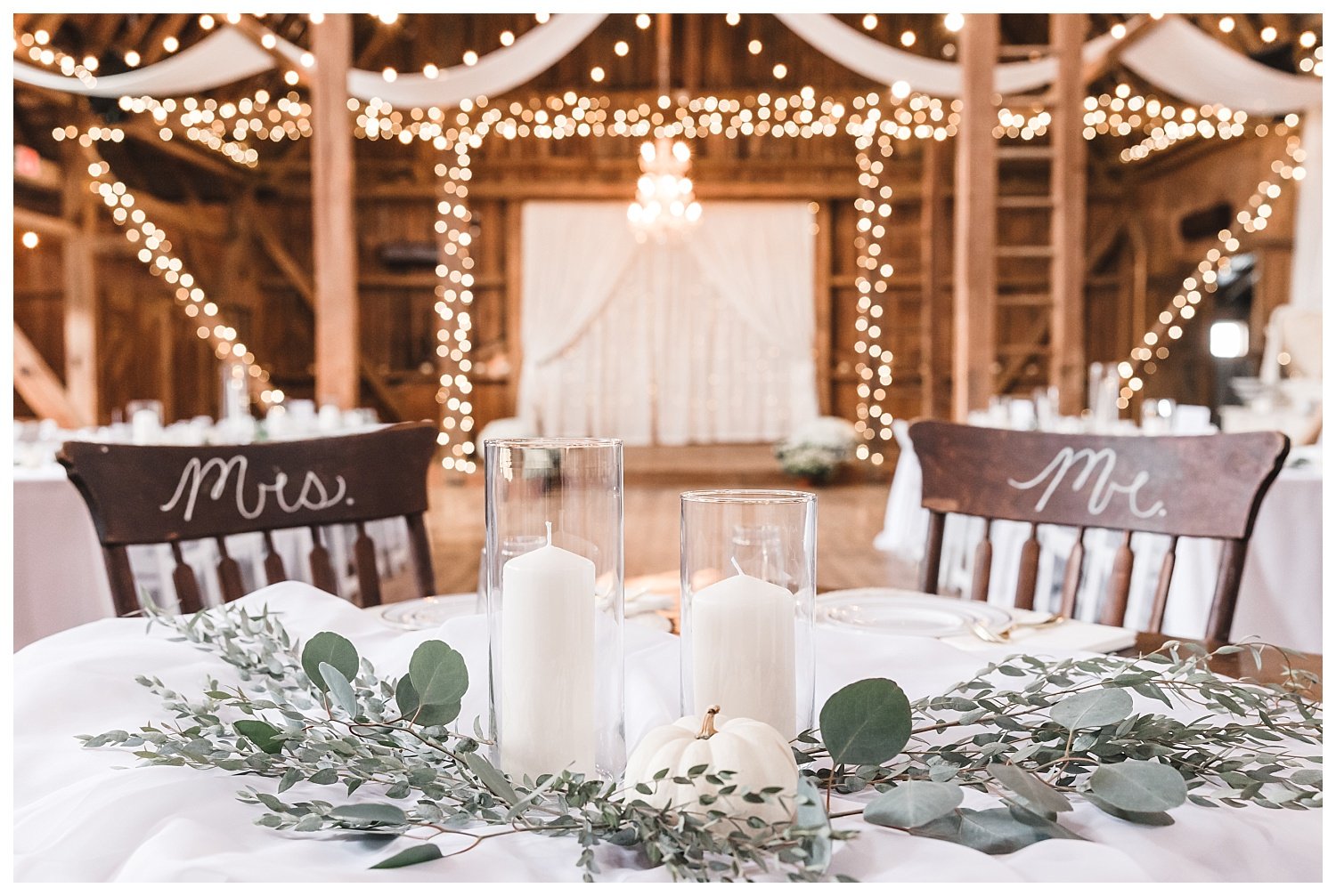 Springside Barn wedding, barn reception, white gold green, twinkle lights, mr and mrs chairs, sweetheart table