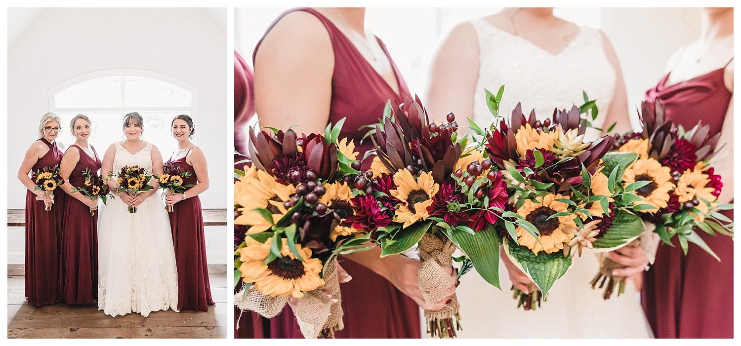 Osbornia Farm wedding, quarryville pa, bride, bridesmaids, sunflowers, wine, burgundy, bouquet