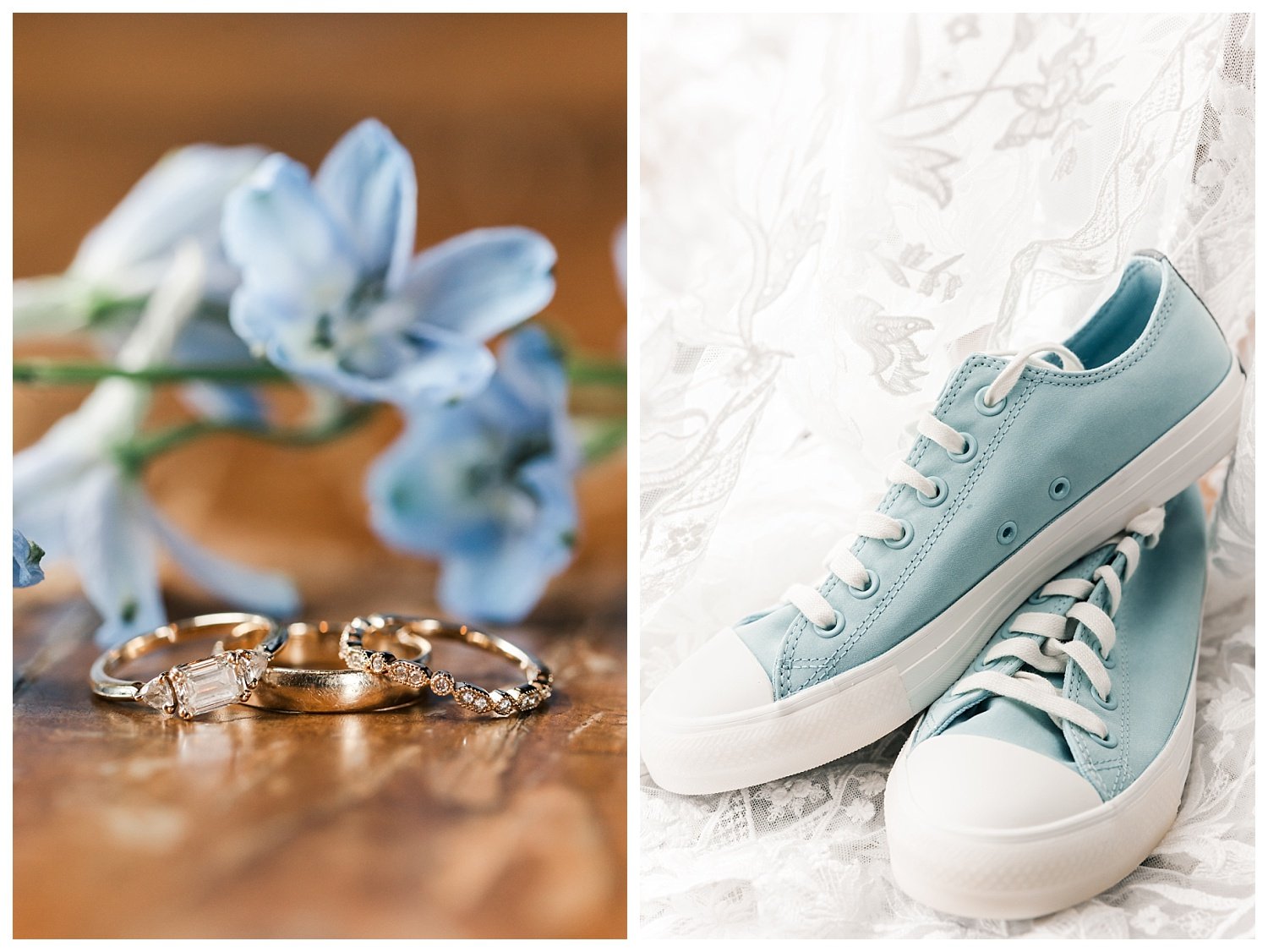 The Booking House Wedding, Manheim PA, gold wedding rings, blue flowers, blue chuck taylor all stars