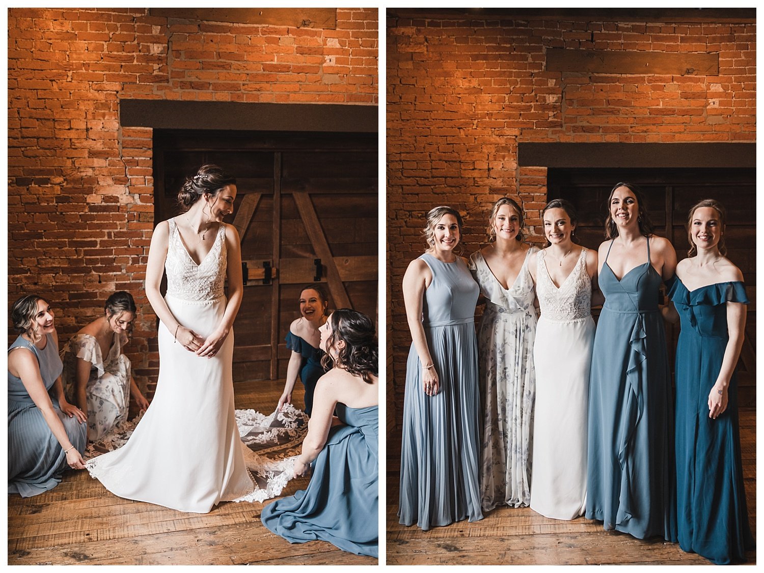 The Booking House wedding, Manheim PA, bride getting ready, bridesmaids, blue bridesmaid dresses mismatch