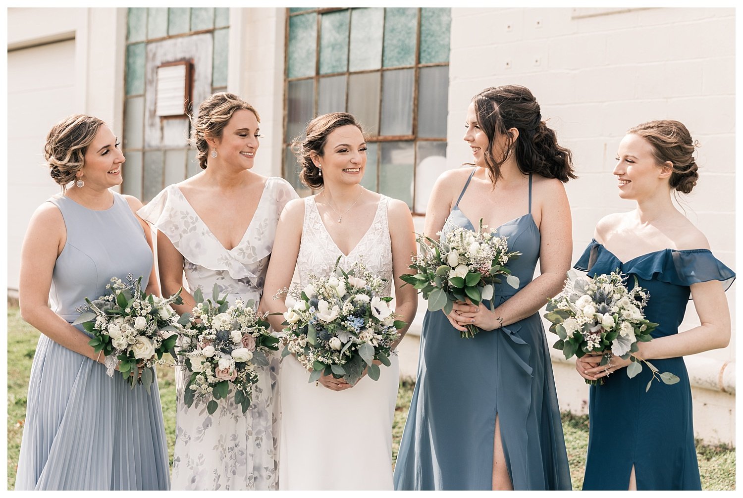 The Booking House wedding, Manheim PA, bridesmaids bride portrait, mismatched blue