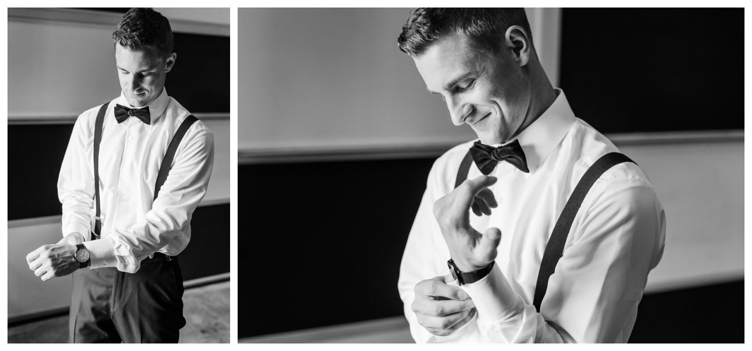 The Barn at Silverstone Wedding, groom getting ready, black and white