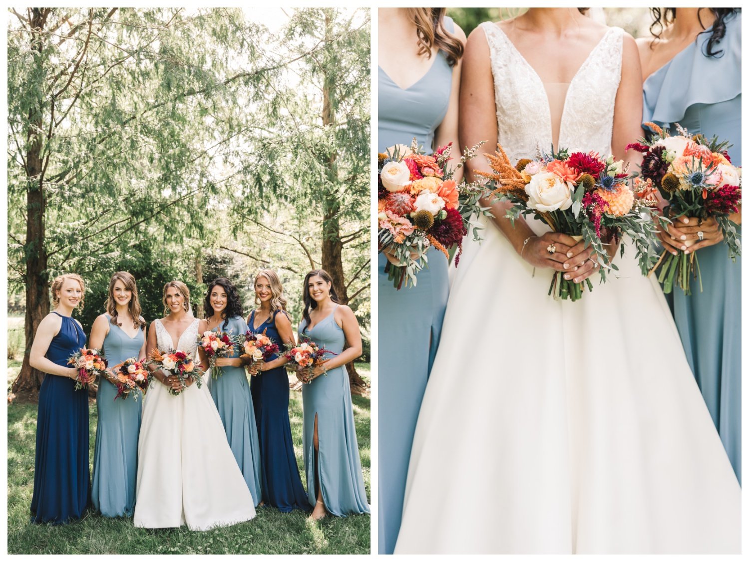 The Barn at Silverstone Wedding, Lancaster PA, bridal party, dusty blue, navy, wedding flowers