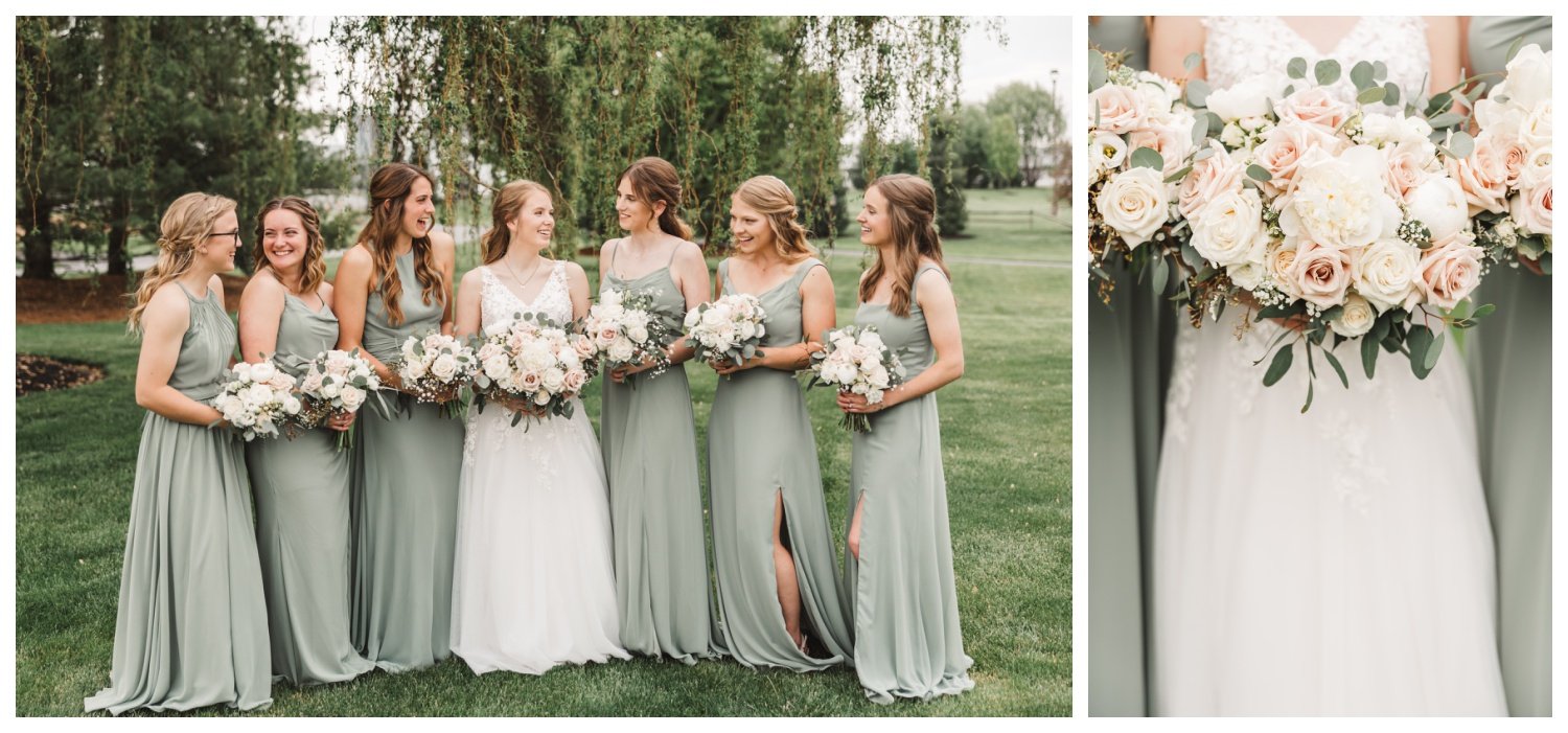 Harvest View Barn at Hershey Farms Wedding, bride and bridesmaids, flower bouquets, white &amp; green
