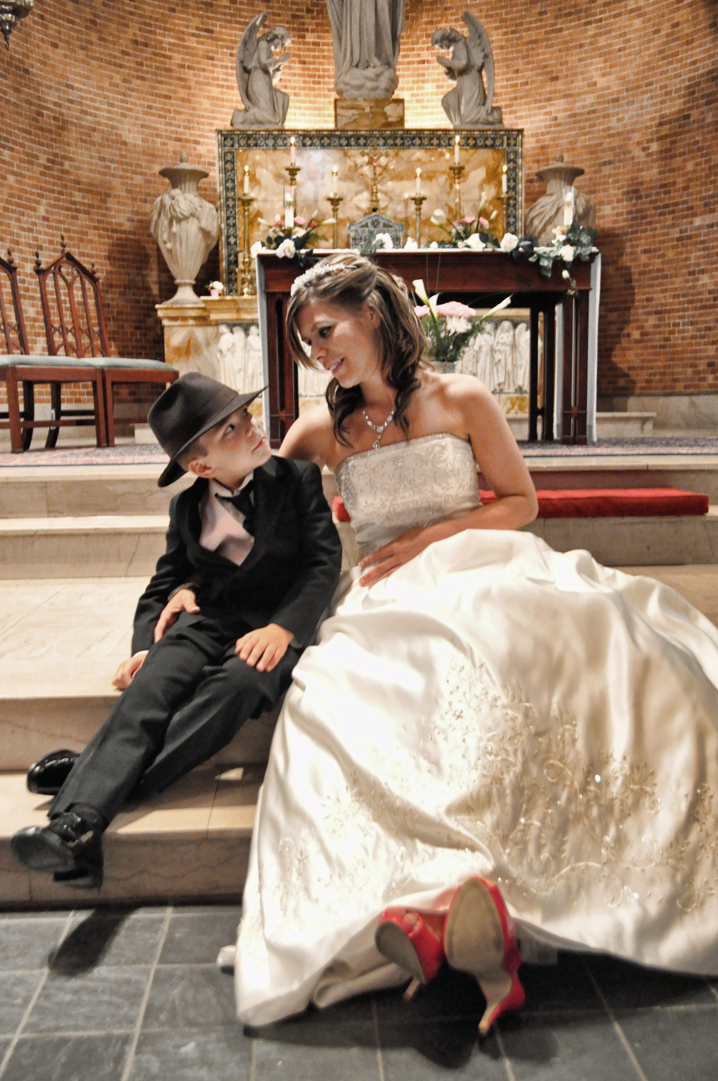 Bride and son at St. Mary's Basilica in Wilmington, NC