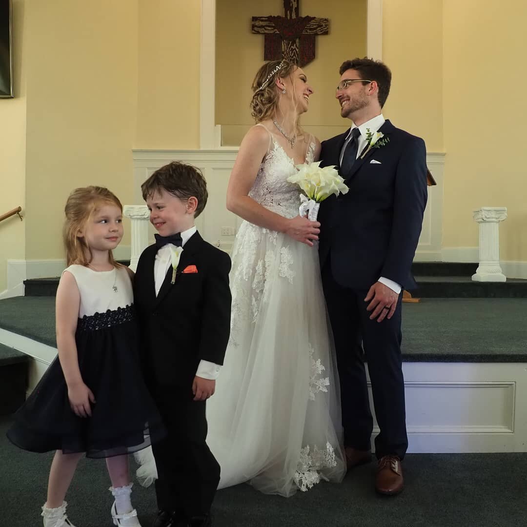 Bride and Groom. Ring Bearer and Flower girl posing. Taken after the ceremony, pretty much as an afterthought. Too cute!

#brideandgroom #brideandgroomphotos #flowergirl #ringbearer #flowergirlandringbearer #carolinabeach #firstbaptist #weddingphotos