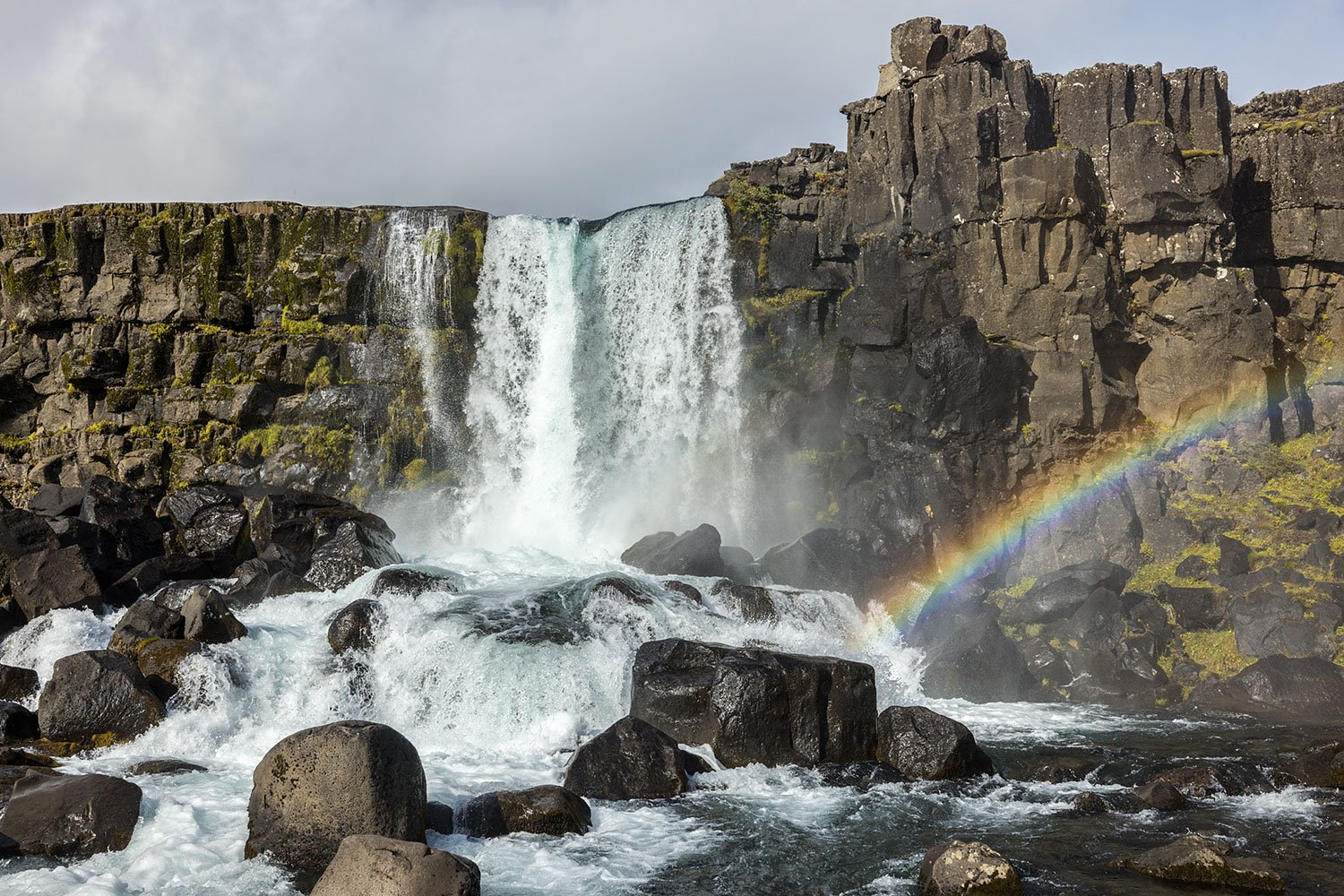 Öxarárfoss Waterfall & Rainbow. Thingsvellir National Park.. Iceland. 2022