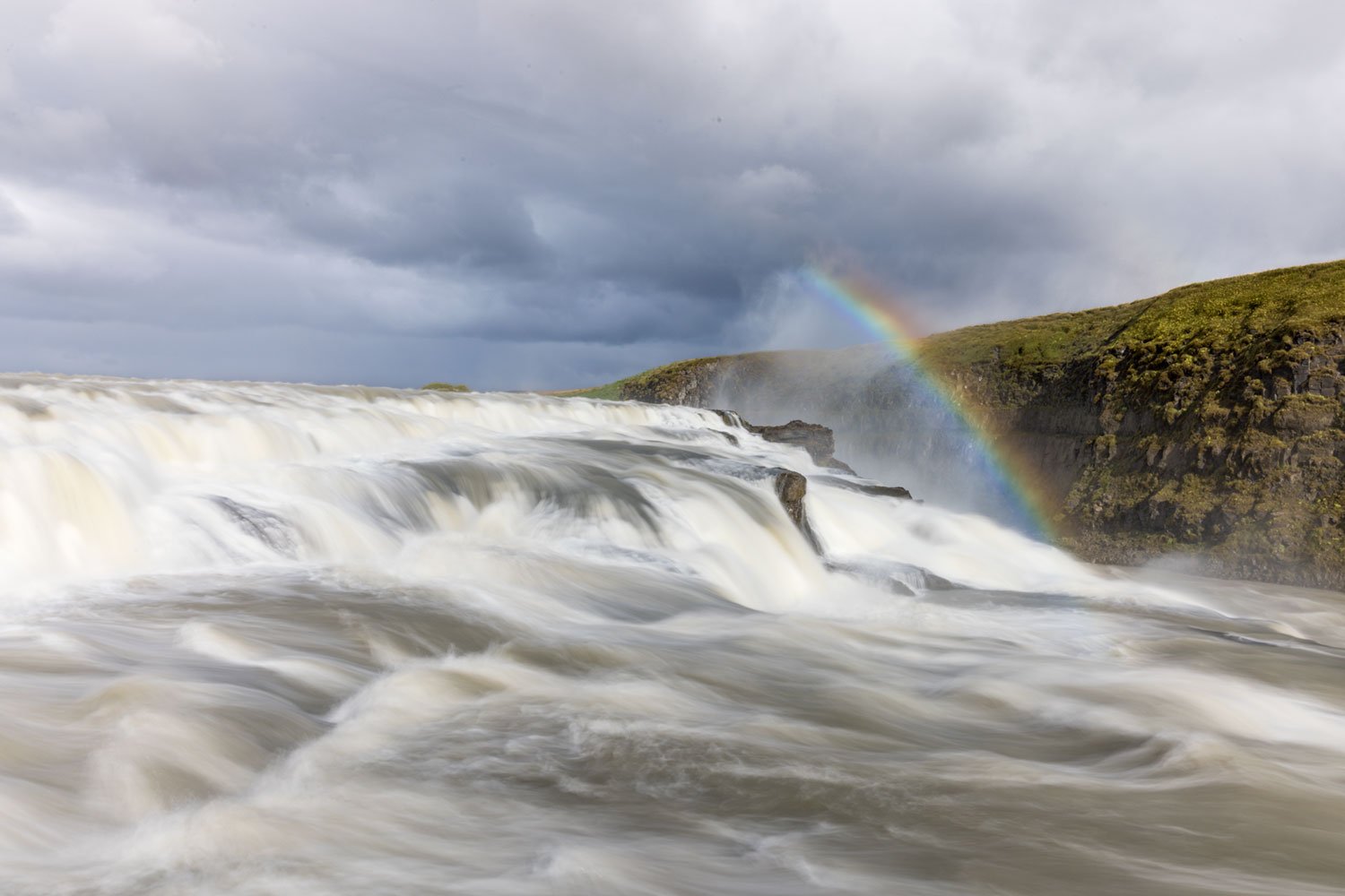 Olfusa River Flow & Rainbow. Gullfoss Waterfall, Iceland. 2022