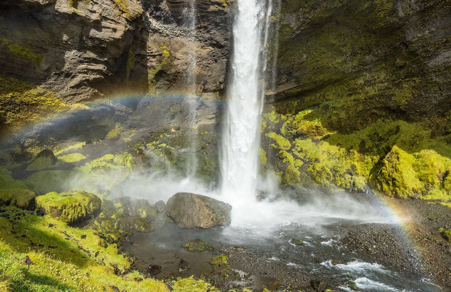 Rainbow and Falls. Kvernufoss Waterfall. Iceland, 2022