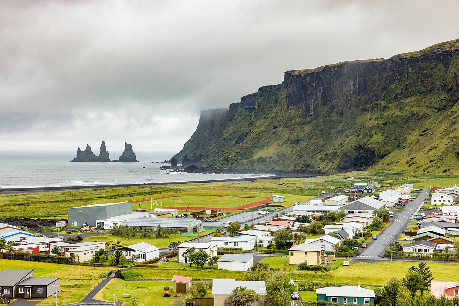 Town of Vik & Rock Formations. South Coast, Iceland, 2022
