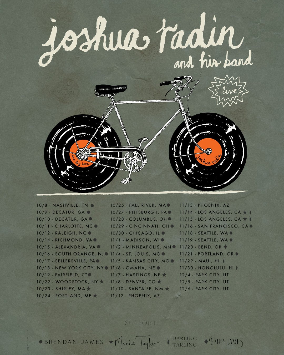 @joshuaradin announces 2025 US Tour Dates with support from @brendanjames_music and more! Tickets on sale now. Which city will we see you in? 🚲