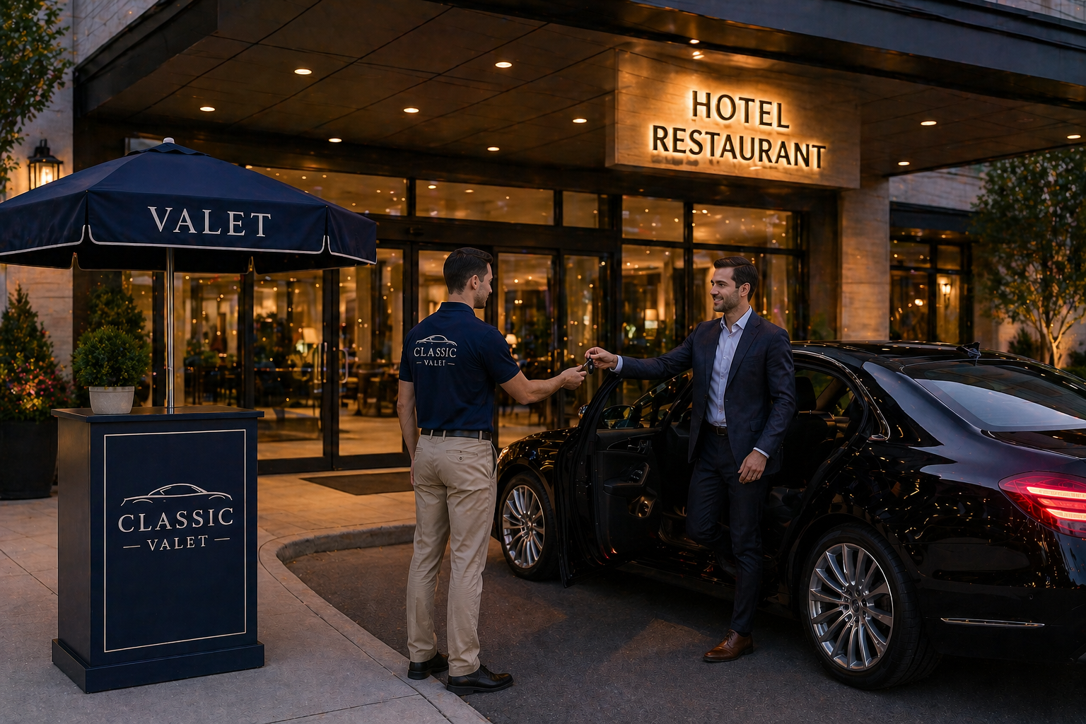 Restaurant valet parking service in Akron, Ohio with professional attendant assisting guest at hotel entrance