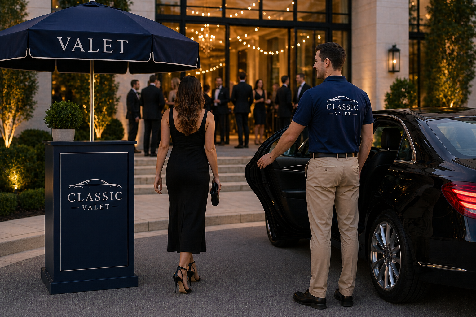Event valet parking service in Akron, Ohio with professional attendant assisting guests at upscale venue