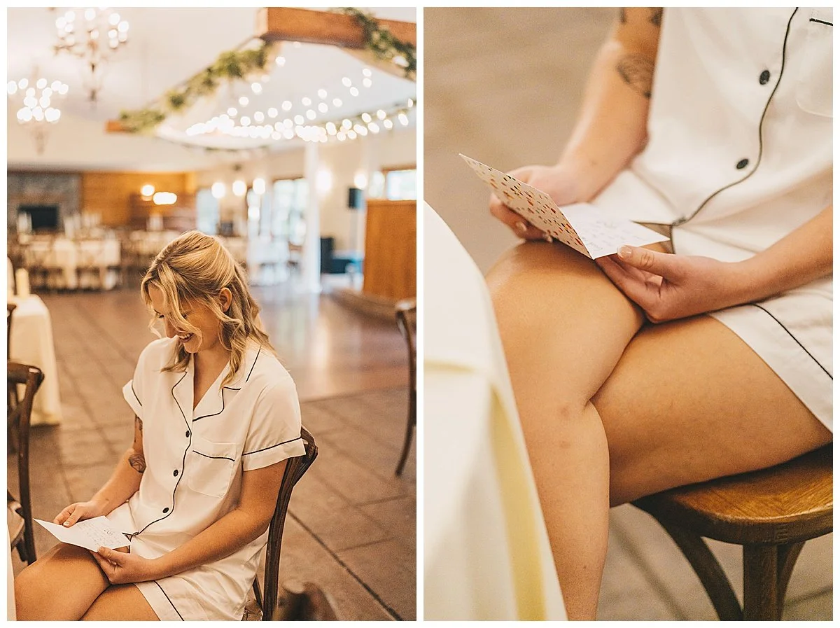 Bride reading note from groom on wedding day