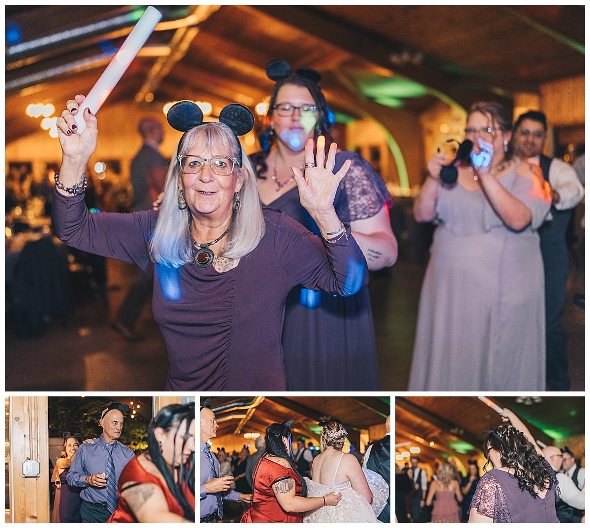 Wedding guests wearing Mickey Mouse ears on the dance floor