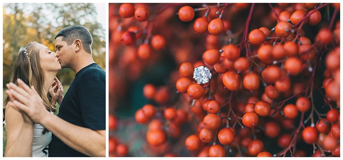 Jake and Lindsay with their chocolate lab during a golden hour engagement session