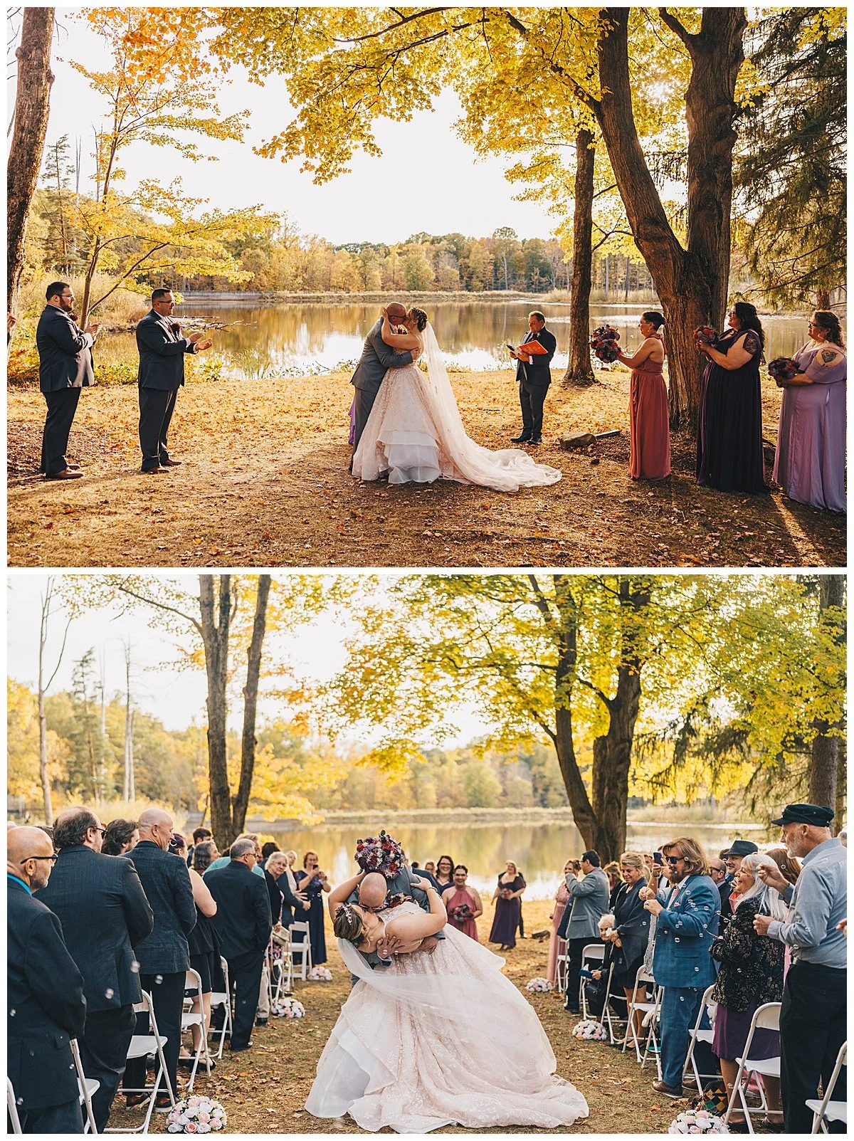 Bride and groom sharing first kiss after ceremony