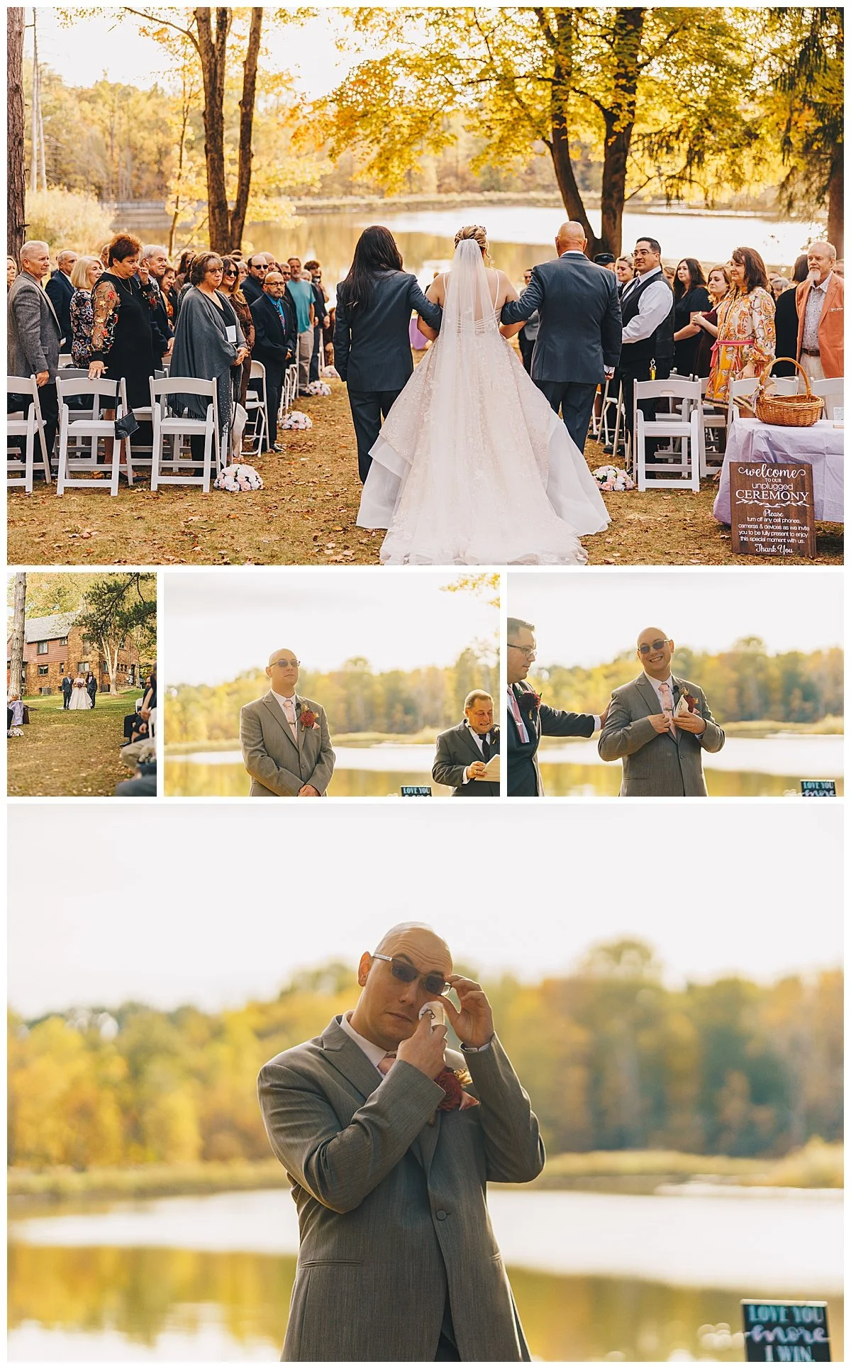 Groom crying as bride walks down the aisle at fall wedding ceremony